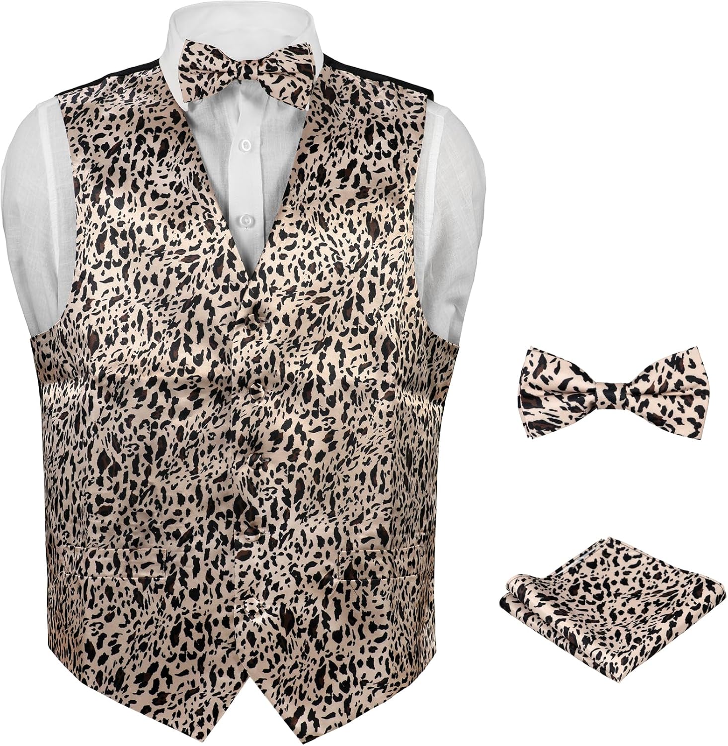Men's Dress Vest LEOPARD Pattern Design Tan Beige Black Color LEOPARD Animal Skin Print Mens Bow Tie and Hanky Set