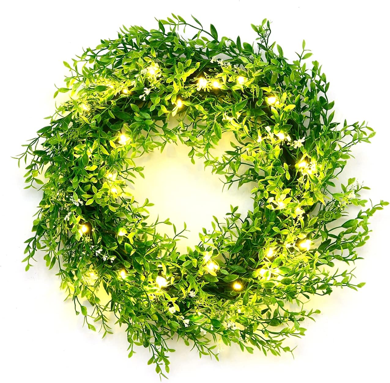 Kurala 20 Inches Artificial Green Leaf Wreath with 40 Led Lights and Timer Battery Operated Front Door Wall Window Party Decoration