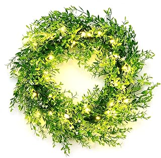 Kurala 20 Inches Artificial Green Leaf Wreath with 40 Led Lights and Timer Battery Operated Front Door Wall Window Party D...