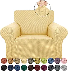 KEKUOU Stretch Single Sofa Slipcover 1 Piece Couch Sofa Cover (31"-55") Furniture Protector 1 Seater Sofa with Elastic Bottom for Kids,Pet.Jacquard Small Checked Pattern Fabric(Small,Champagne)