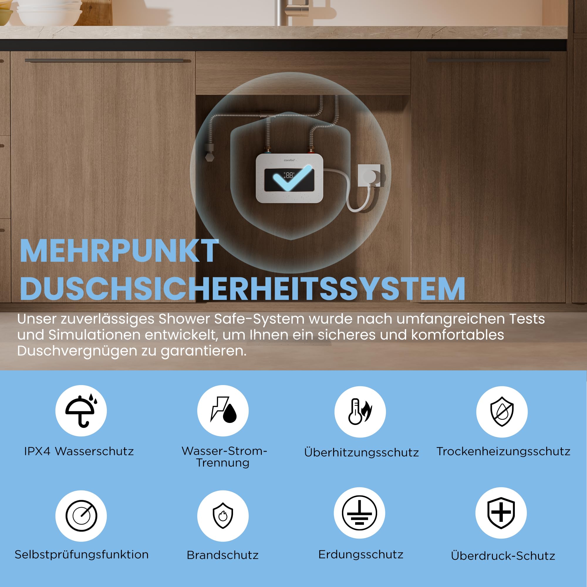 COMFEE' CWH3.5EA1W Mini Durchlauferhitzer 3,6 kW für Handwaschbecken, Elektrische Durchlauferhitzer Klein 230V Untertisch, Elektronisch geregelt, Druckfest, Sofortige Warmwasserbereitung, Platzsparend