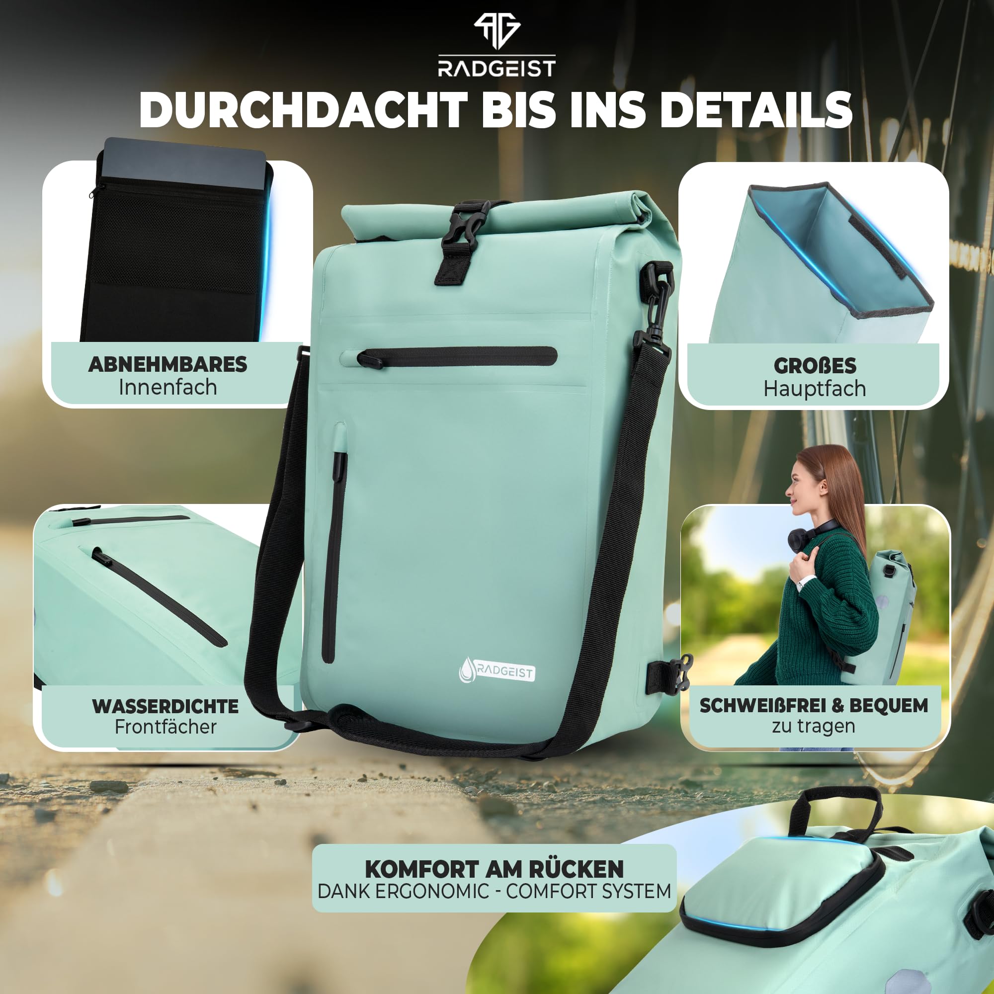 RADGEIST Alforja 3 en 1 para portaequipajes, impermeable, extra resistente, con enganche rápido, mochila (20 litros), color menta
