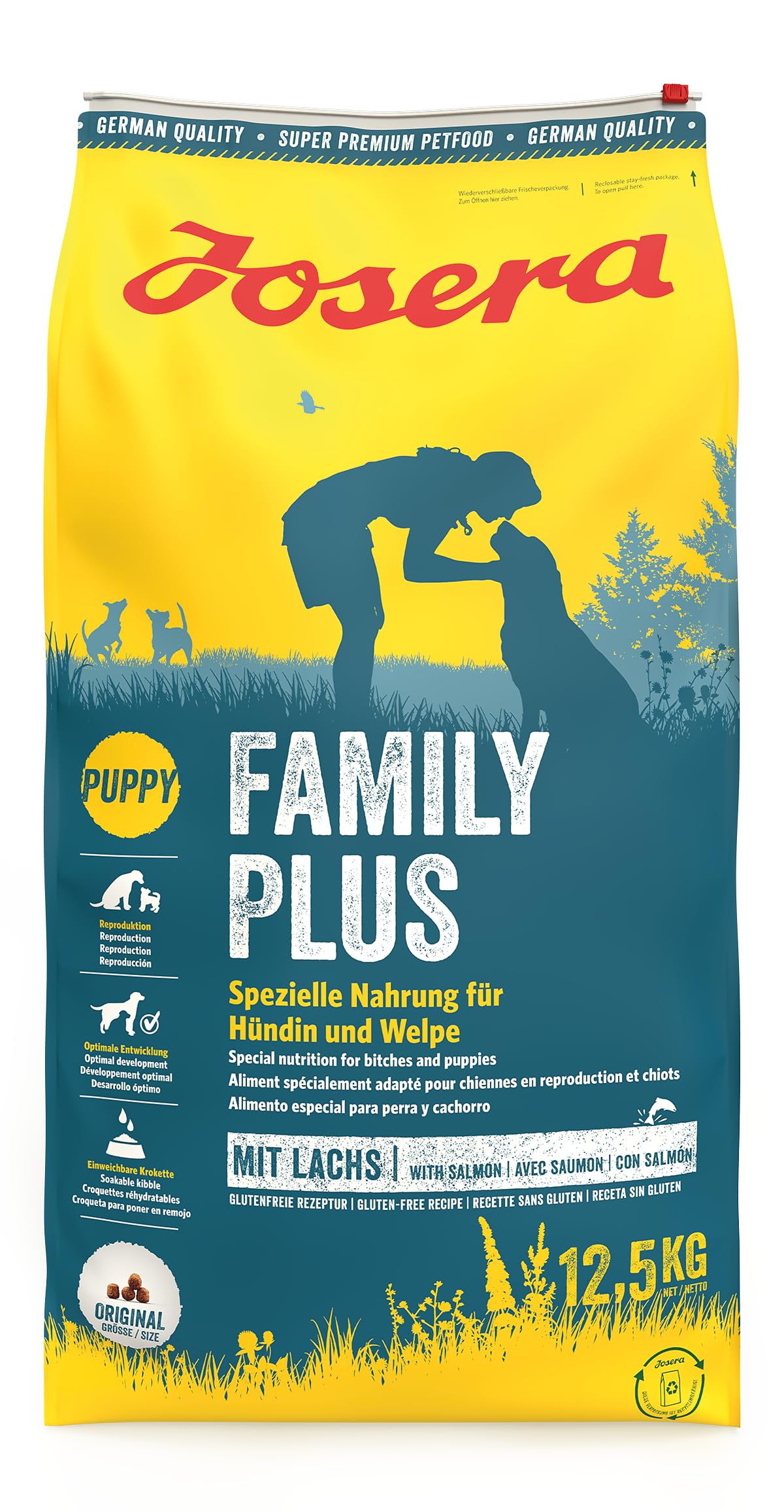JOSERA Family Plus (1 x 12,5 kg) | Puppy | Comida Seca Premium para Perras y Cachorros preñadores/Lactantes | salmón y Aves de Corral | Suministro óptimo con Enegie y L-carnitina | Sin Trigo | 1