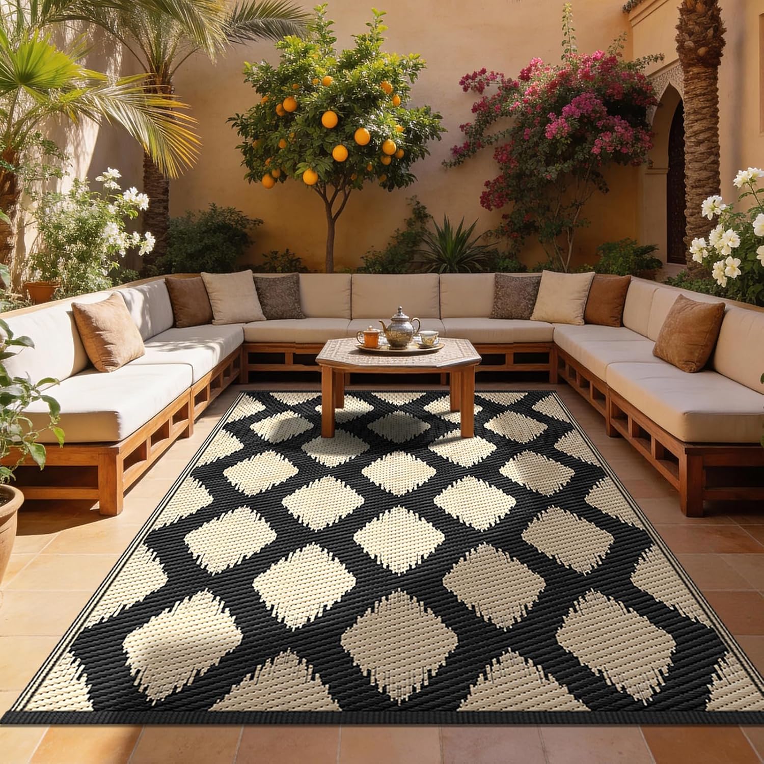 COOLTOP 9'x12’ Outdoor Rug for Patios Porches, Waterproof Plastic Camping Rugs, Modern Reversible Mat, Large Area Rugs for Backyard, Deck, RV, Balcony, Picnic, Beach, Black & Beige