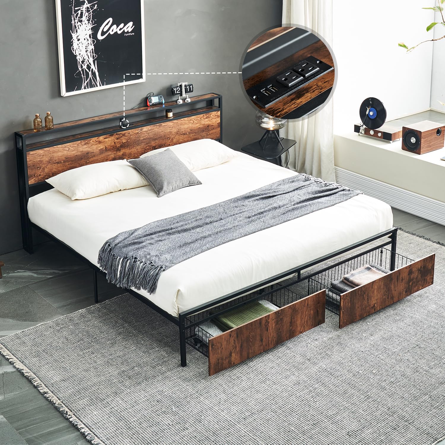 Eifizek King Size Bed Frame with Headboard, Metal Platform Bed Frame with Storage Drawers & Charging Station, No Box Spring Needed, Easy Assembly,