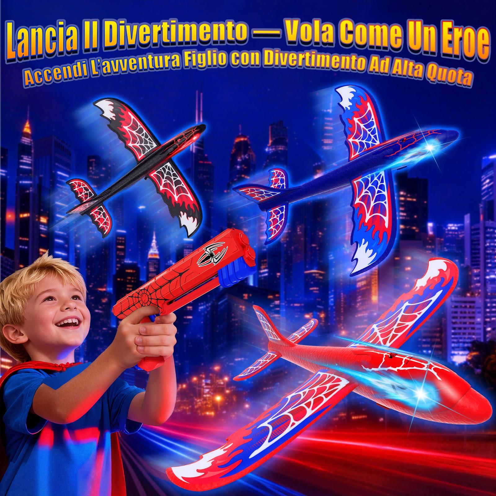 Aereo Giocattolo Lanciatore con 3 Aerei in Polistirolo, Occhi Luminosi e Ali Ragnatela Stile S-pider,Giocattolo da Esterno Bambini 3 4 5 6 7 8 9 Anni,Regalo Bambini 3-12 Anni Maschio Compleanno Natale
