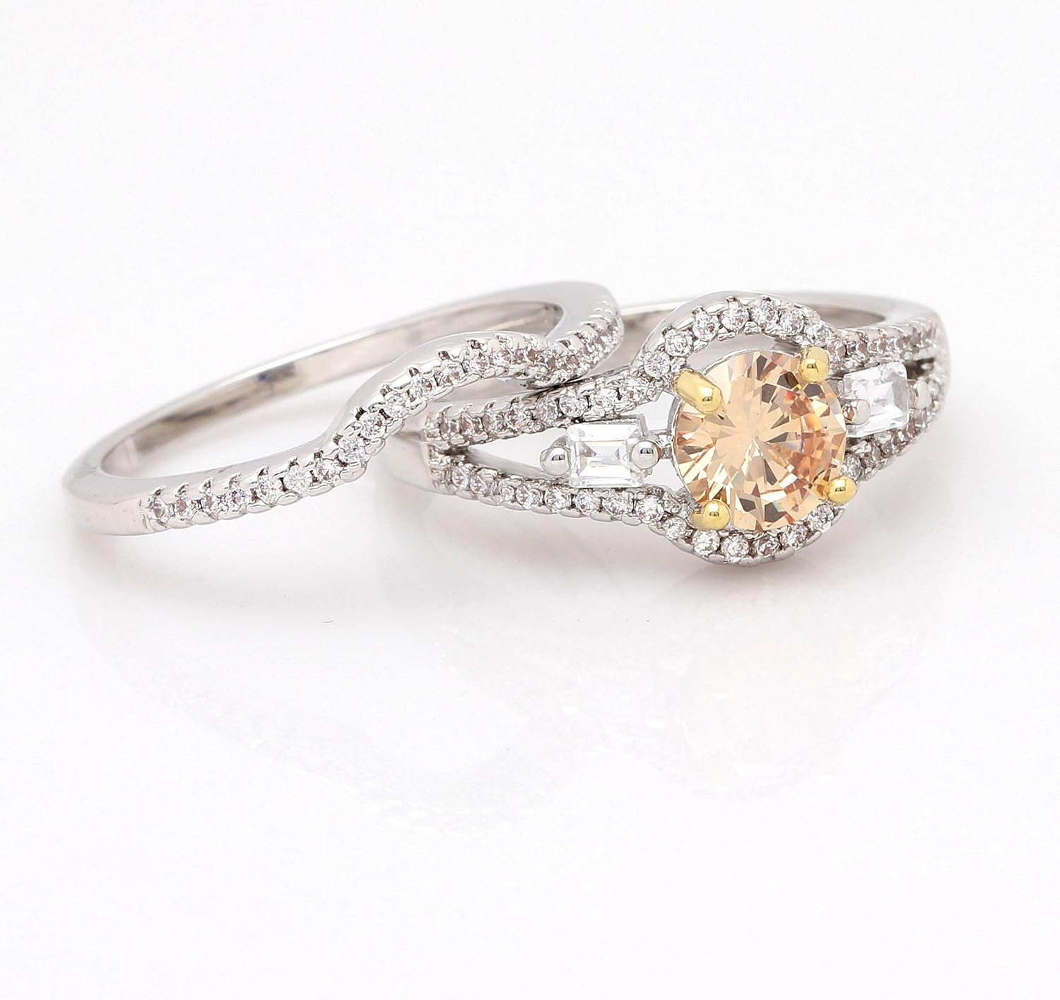 Sasha Wedding Ring Set for Women by Ginger Lyne | Solitaire Champagne Engagement Ring with Matching Wedding Band for Her | Unique Bridal Jewerly for Wife or Girlfriend