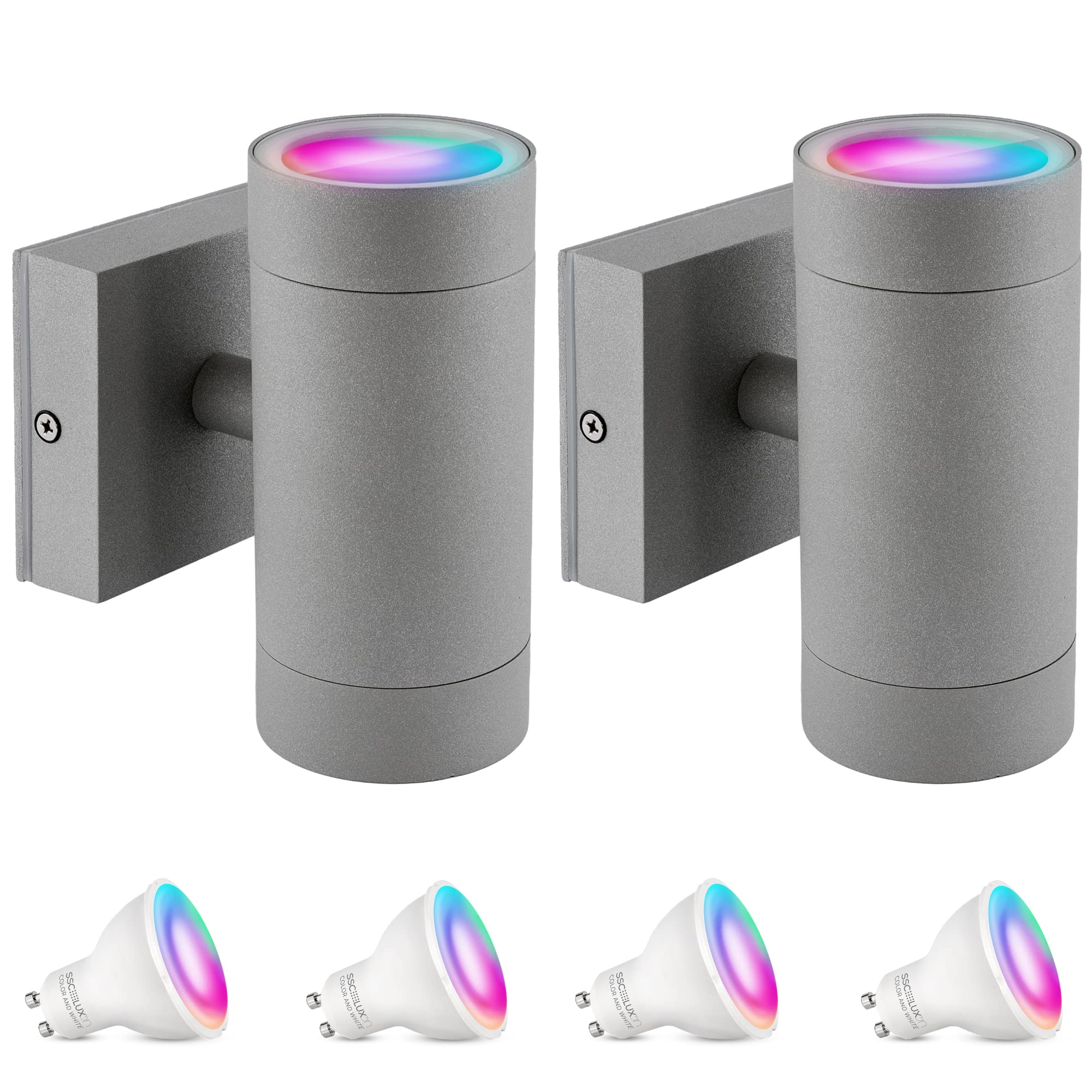 SSC-LUXon 2er Set Aussen Wandlampe anthrazit IP54 inkl. 4x Smart Home WiFi RGB GU10 LEDs - Up Down Wandleuchte Steuerung per App & Sprache