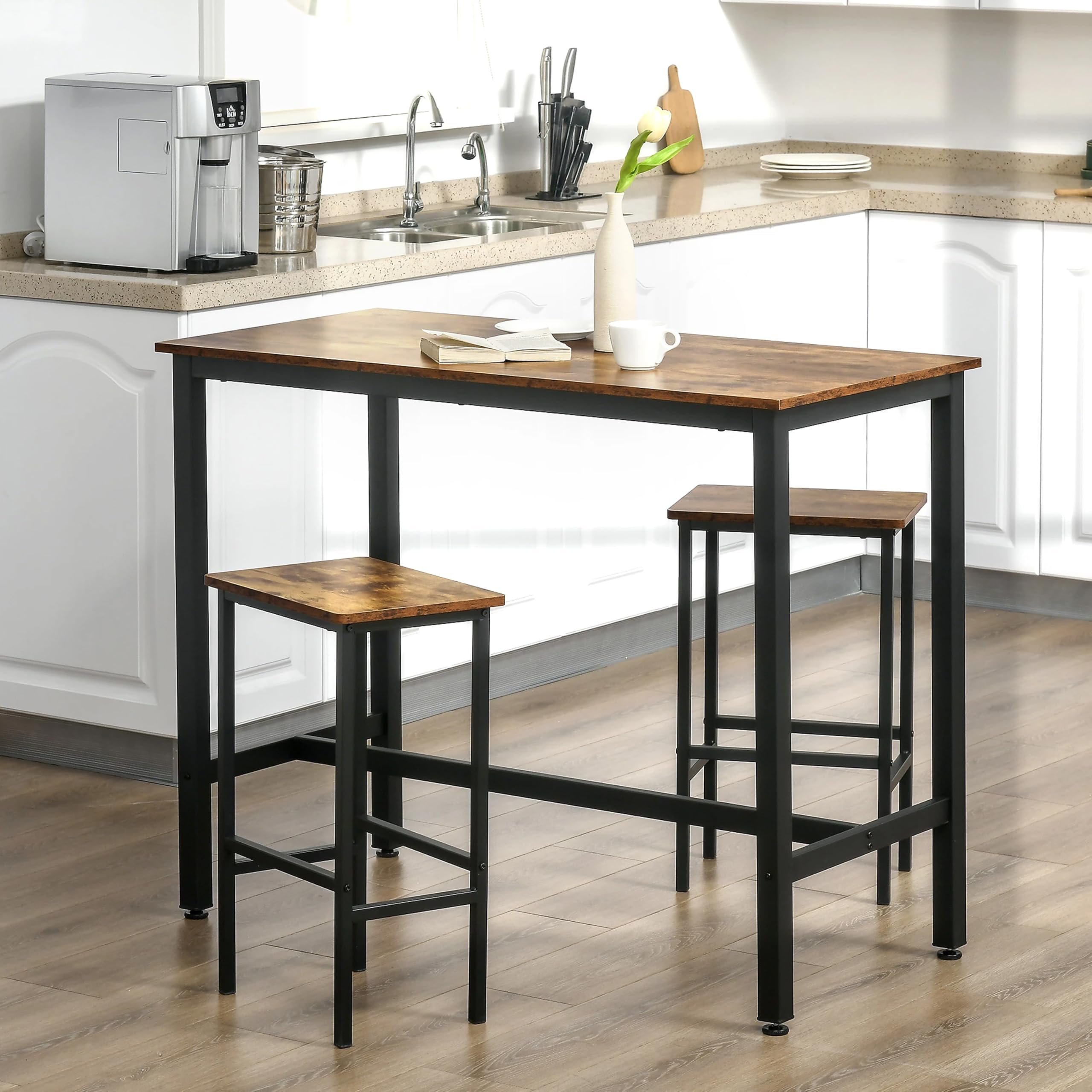 FURNITURE KI FACTORY- Engineered Wood & Metal Dining Table Set with 2 Stools for Bar | Wooden Table Chairs Kitchen Bar Height Table with Stools | Rustic Brown & Black (B0DH8B12W7) Amazon Price History, Amazon Price Tracker