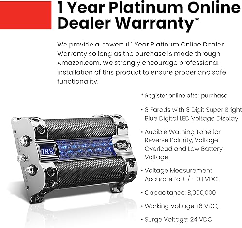 Miniatura 3 de BOSS Audio Systems CAP8 - Condensador de coche 8 farad, almacenamiento de energía, graves mejorados desde estéreo, tono de polaridad inversa de