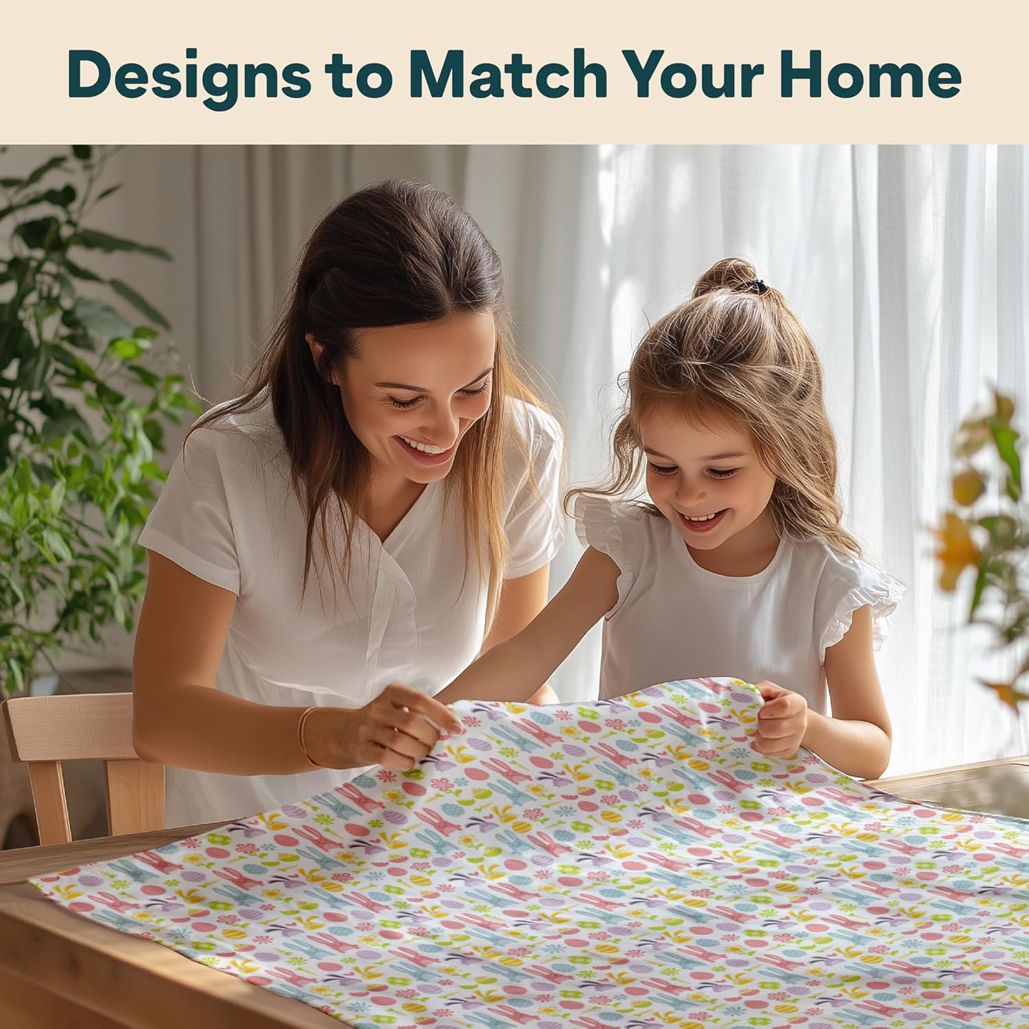 Easter Tablecloth | 90" Round Fabric Tablecloth | Easter Eggs and Bunnies | Machine Washable and Stain-Resistant for Easy Care | Made in The USA