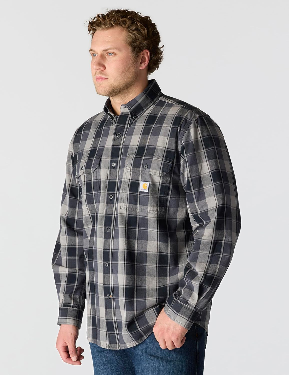 Carhartt Mens Loose Fit Midweight Chambray Long-Sleeve Plaid Shirt - Image 2