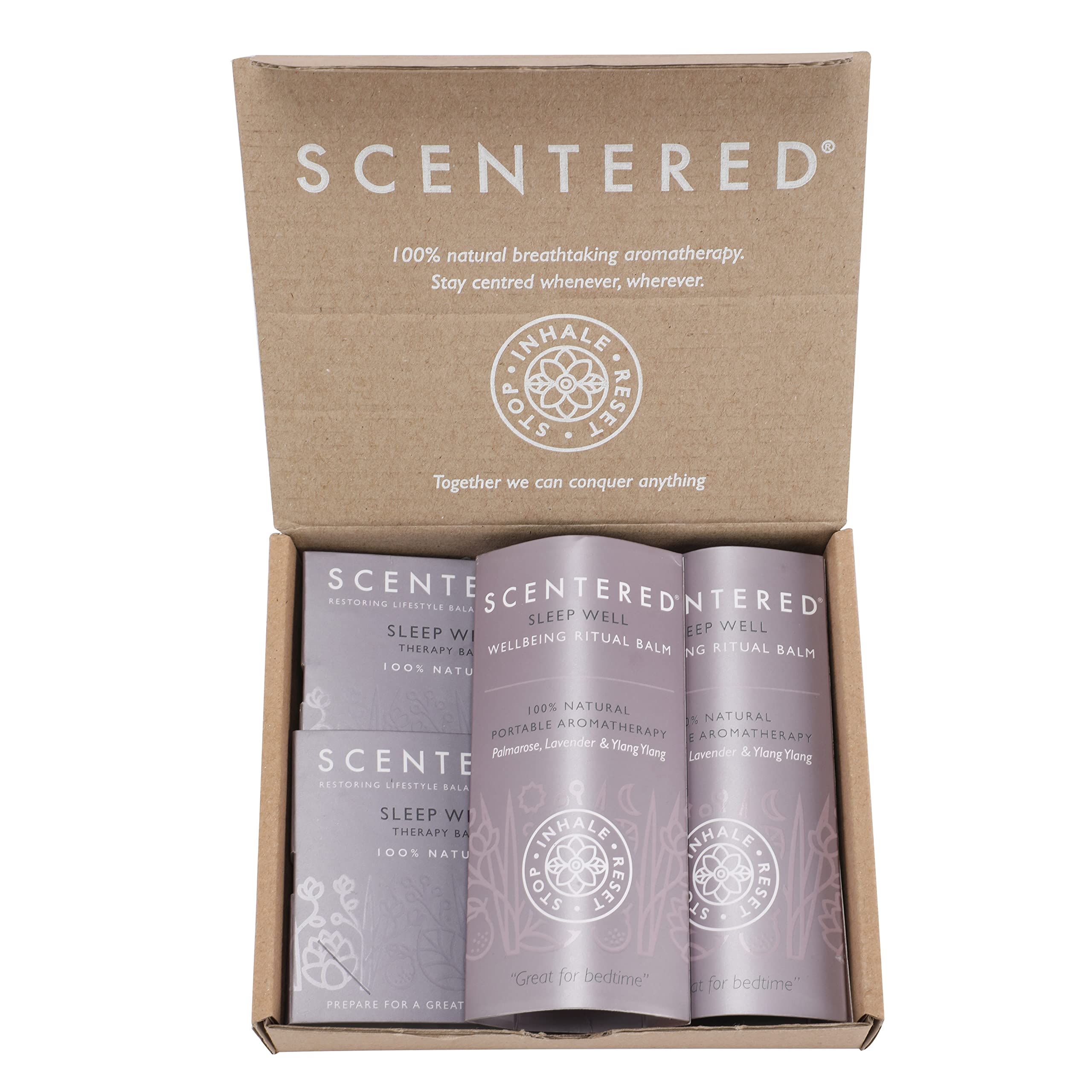 Scentered Sleep Well - Paquete protector de bálsamo de aromaterapia, 2 bálsamos de 5 g y 2 mini bálsamos de viaje para un sueño reparador, aceites esenciales de lavanda, clavo, rosa, manzanilla, ylang