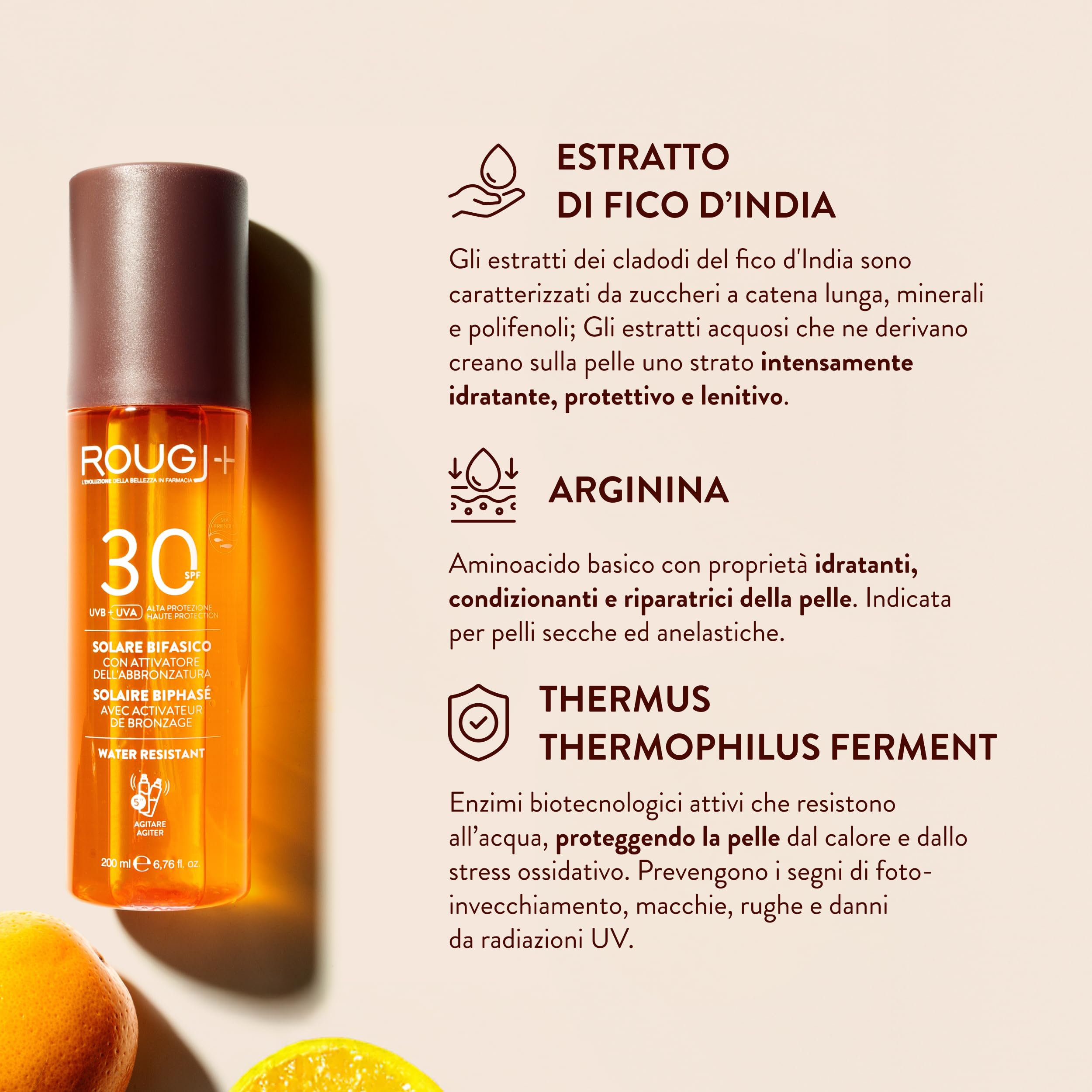 Rougj Spray Solare Bifasico 30 con Attivatore di Melanina - Protezione Solare 30 Spray Corpo con Arginina, Fico d’India e Thermus Ferment - SPF 30 Water Resistant 200ml - Made in Italy