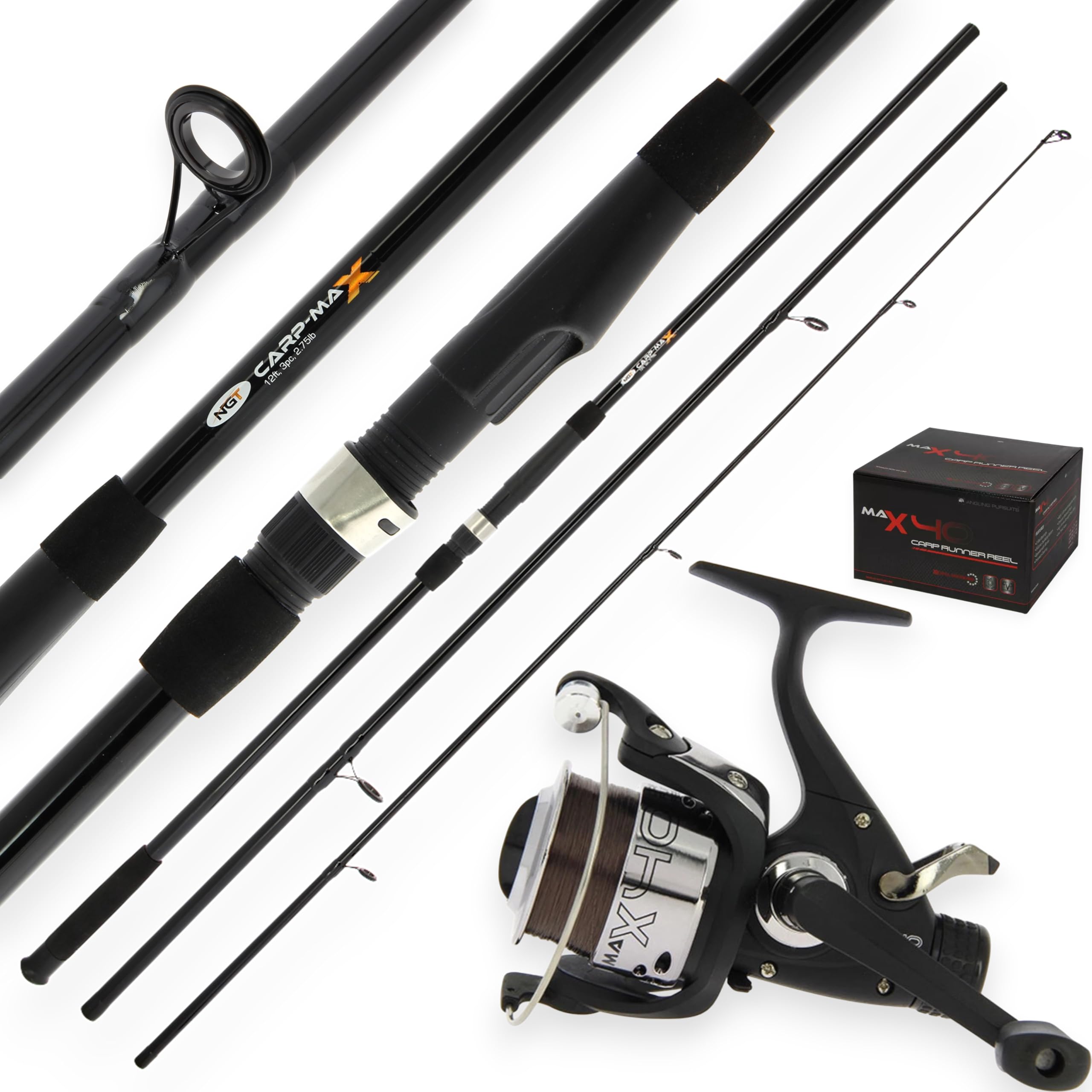 NGT Carp Max 12ft 3pc Carp Rod 2.75lb Test Curve + Max 40 Reel Carp Fishing Set