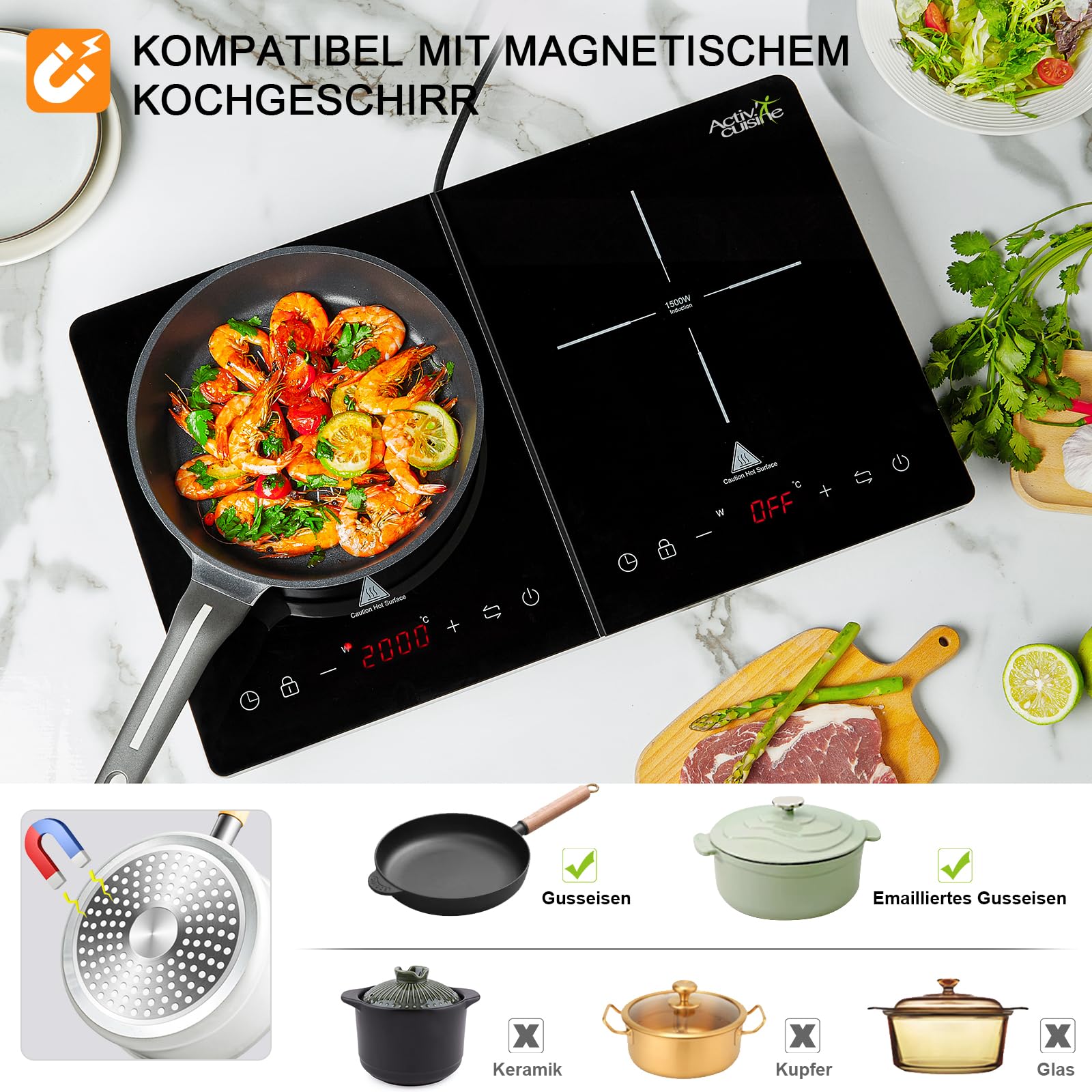 AMZCHEF Induktionskochfeld 2 Platten: 3500W Doppel-Induktion Mit Unabhängigen Steuerungen, 20 Temperaturstufen & Smartem Kühlsystem – Schnelles, Sicheres Kochen Für Die Moderne Küche