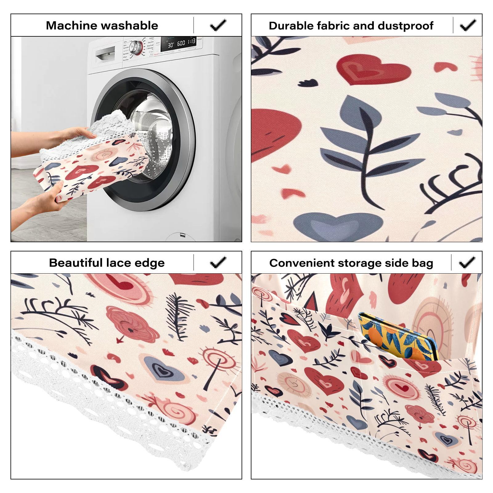 BOESI Doodle Hearts and Floral Pattern Washer and Dryer Cover, 51.2x22in Refrigerator Dust Cover, Appliance Non-Slip Protective Cover Fabric with 4 Storage Bags