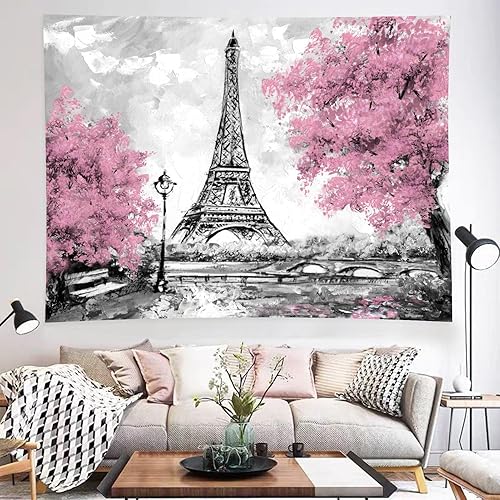 VOUORON Tapiz de torre de París para colgar en la pared, arte de pared de París, tapices de torre Eiffel, paisaje de ciudad europea, rosa, tapiz