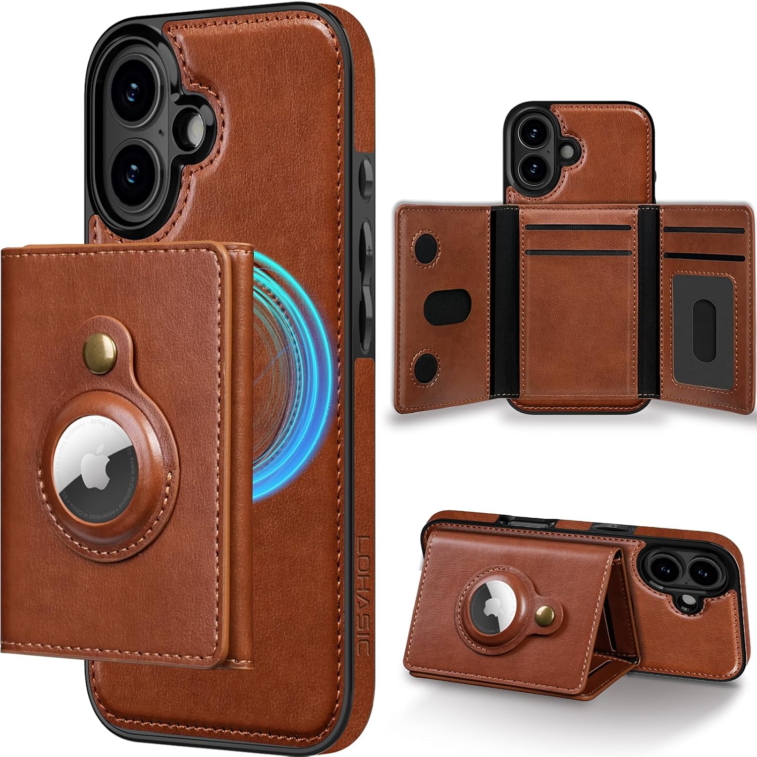 LOHASIC for iPhone 16 Pro Max Wallet Case with MagSafe, Detachable Folio Card Holder (Fits 5+ Cards), AirTag Pocket, RFID Blocking – Leather Kickstand Cover for Men & Women - Brown