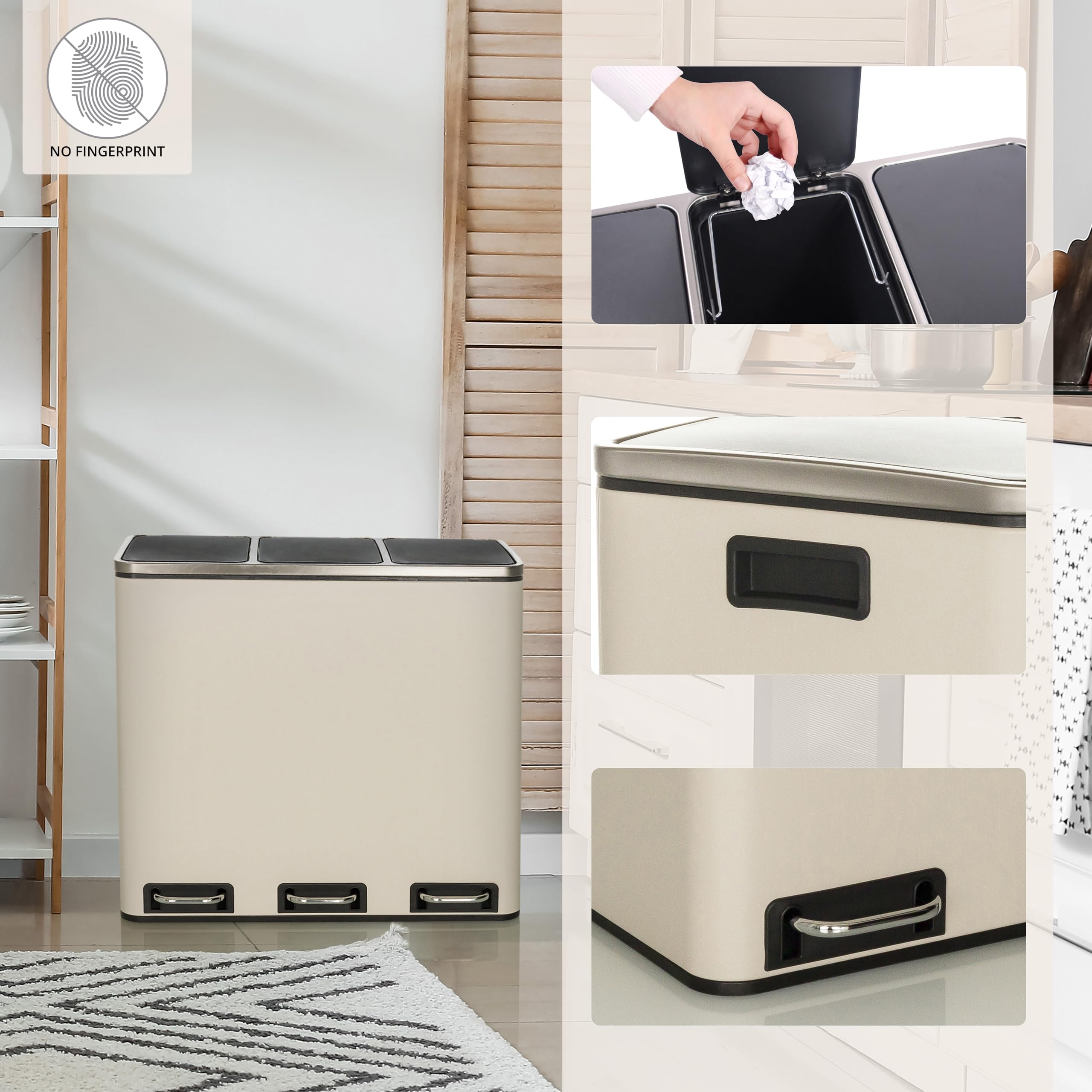 hjh OFFICE CLEAN IX 741102 kosz na śmieci, 3 x 18 l, metalowy, system segregacji śmieci, z systemem cichego domykania, kosz na śmieci z pedałem z 3 przegródkami, beżowy