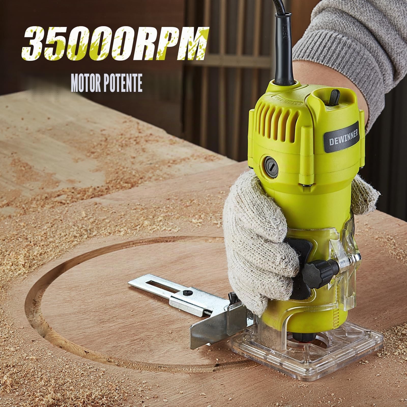Dewinner Fresadora de Madera Rebajadora Eléctrica 710W 13000-33000RPM, Grabado Fresa Para Biselar,3 Alicates de 1/4'', 6 mm y 8 mm, 6 Velocidades Variables, Profesión de Laminadora Fresa con Rodam