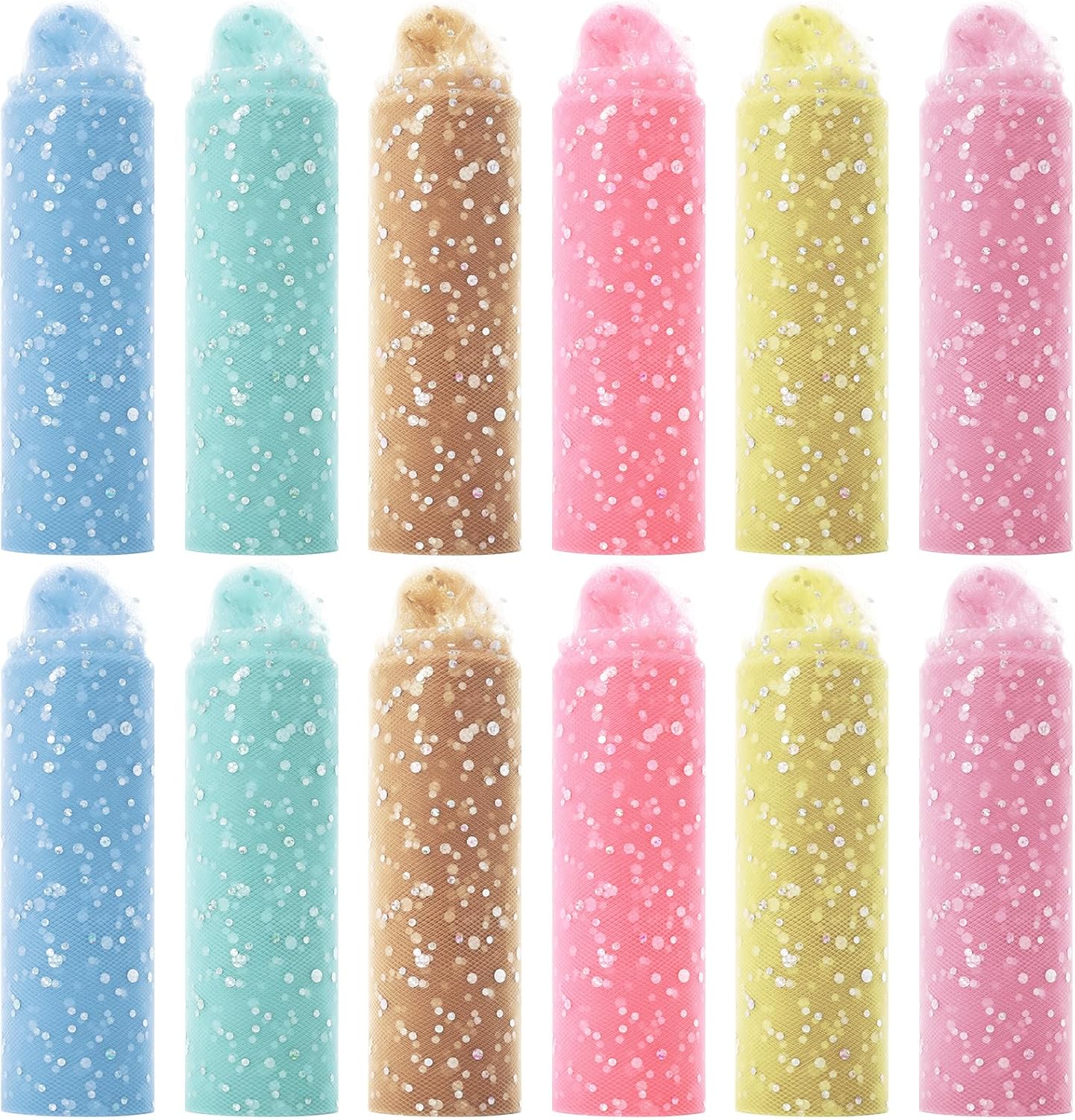 Chumia 12 Pcs Rainbow Glitter Tulle Rolls 6 Inch by 10 Yards 30 Feet Glitter Tulle Roll Fabric with Shiny Sequin Craft Fabric for Table Chair Bow Pet Tutu Skirt Sewing Wedding Birthday(Classic Color)