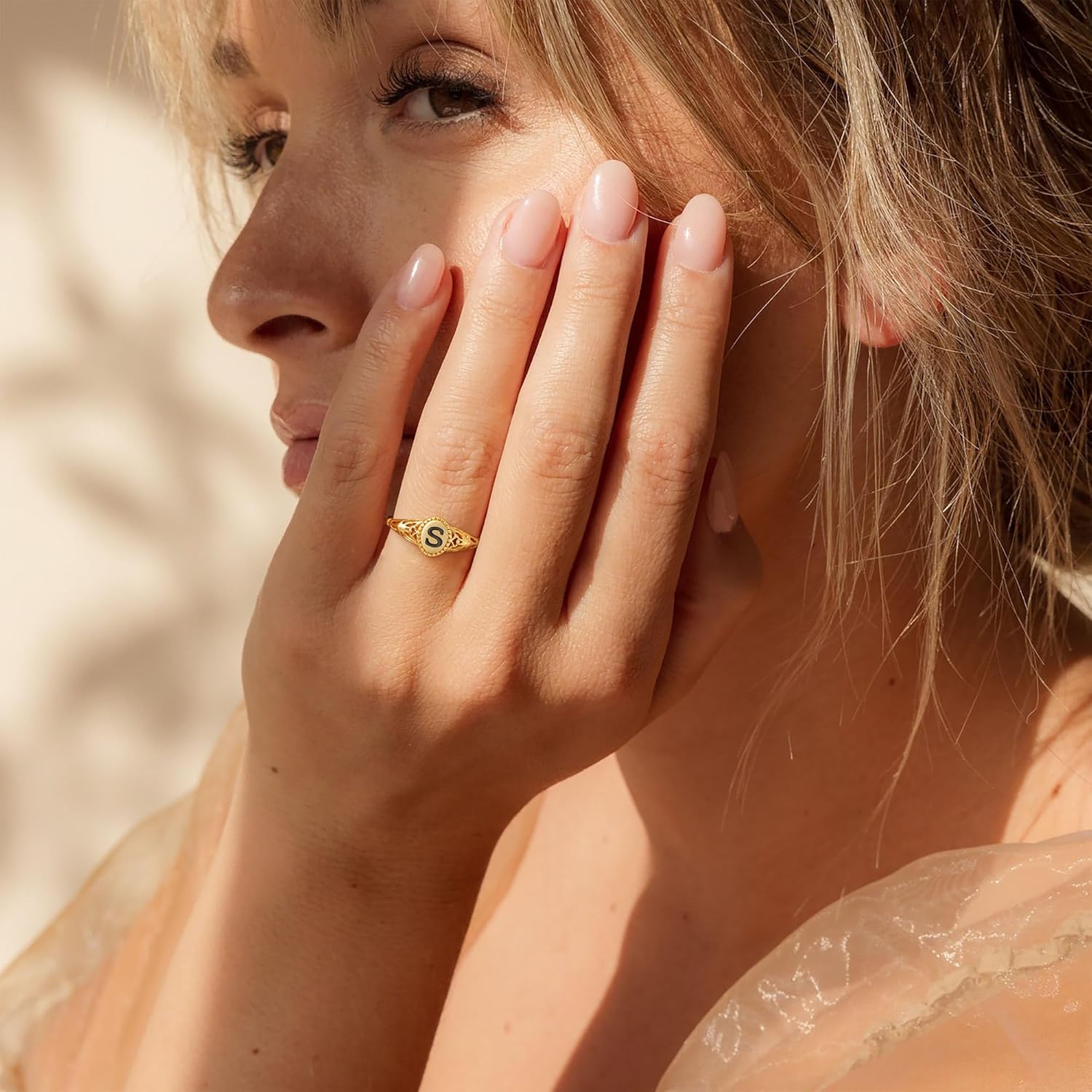 KOHOTA Gold Initial Rings for Women Non Tarnish Vintage 14K Gold Plated Letter Signet Ring Dainty Personalized Stackable Thumb Pinky Band Ring Size 6-10 Jewelry Gifts - Image 3