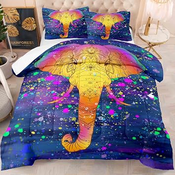 Elephant Bedding,Boho Comforter Set Twin1PC Bohemian Quilt 1PC Pillow Case