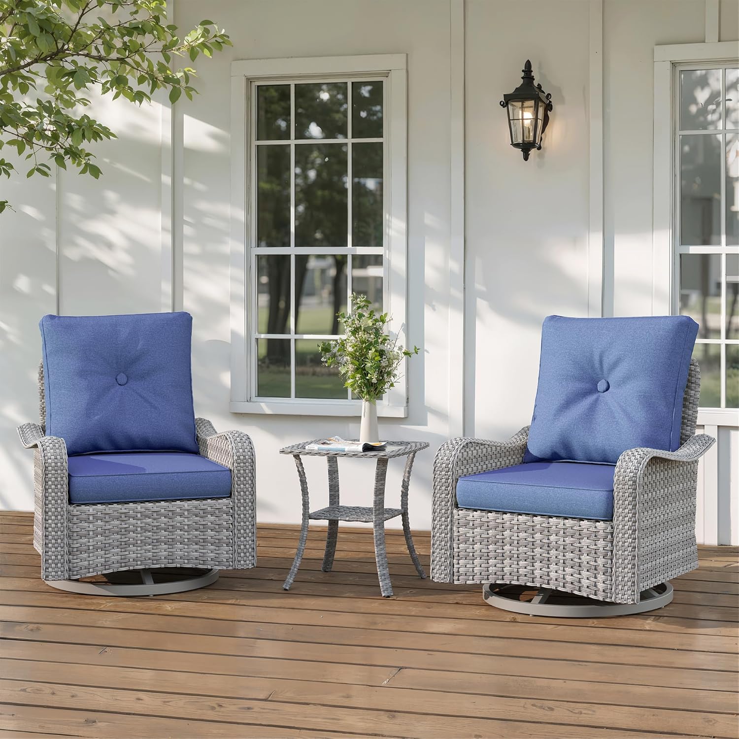3-Piece Patio Furniture Set, Outdoor Swivel Rocking Chairs with 4" Thick Cushions & Side Table, All-Weather PE Rattan & Rust-Resistant Steel Frame Conversation Set for Porch, Garden, Backyard, Blue