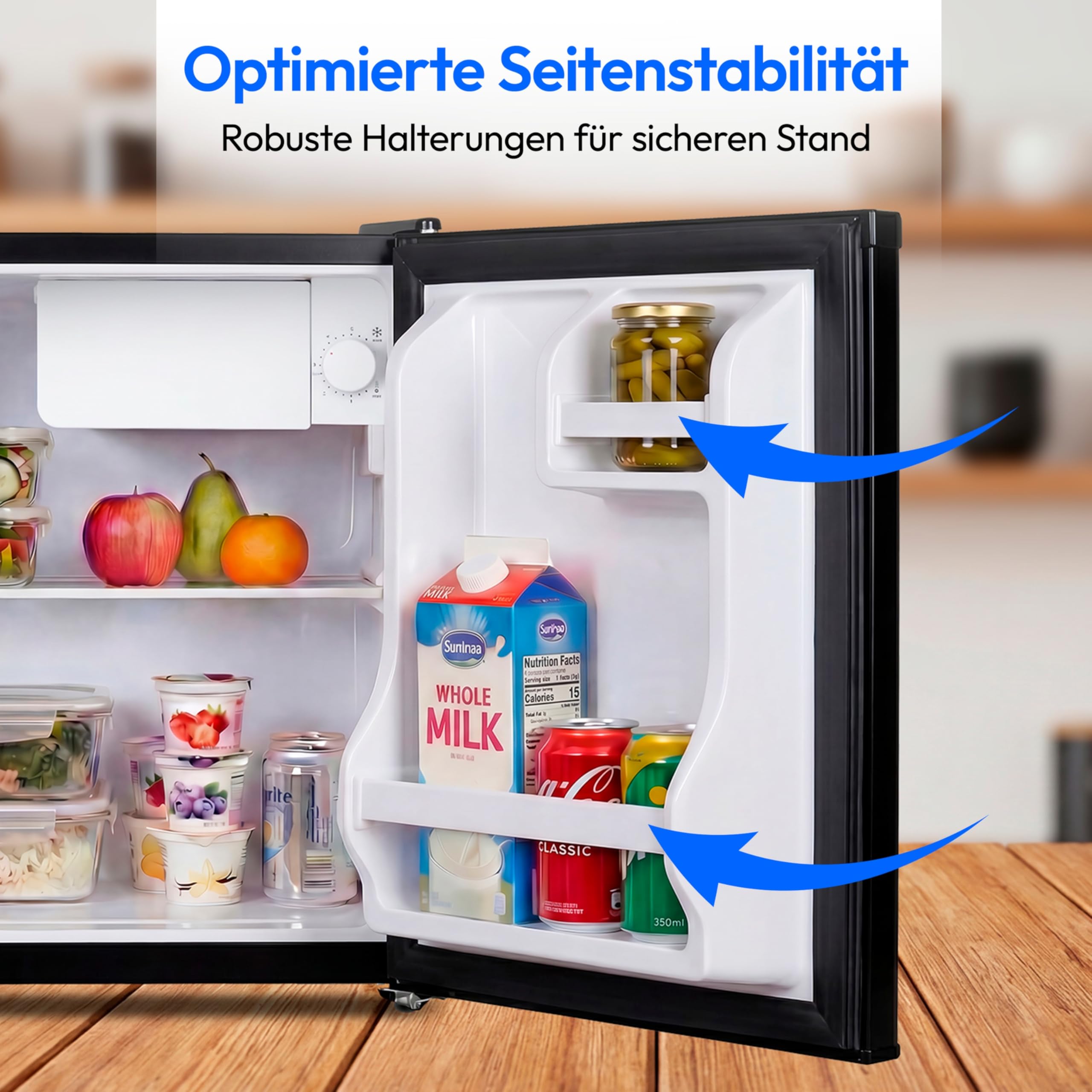 MEDION Mini Kühlschrank mit Schloss und Eisfach (klein, leise, abschließbar, 42L kleiner Kühlschrank für Büro Hotels Minibar Camping Gaming, Speisen & Eis, Türanschlag wechselbar, MD 370001) schwarz