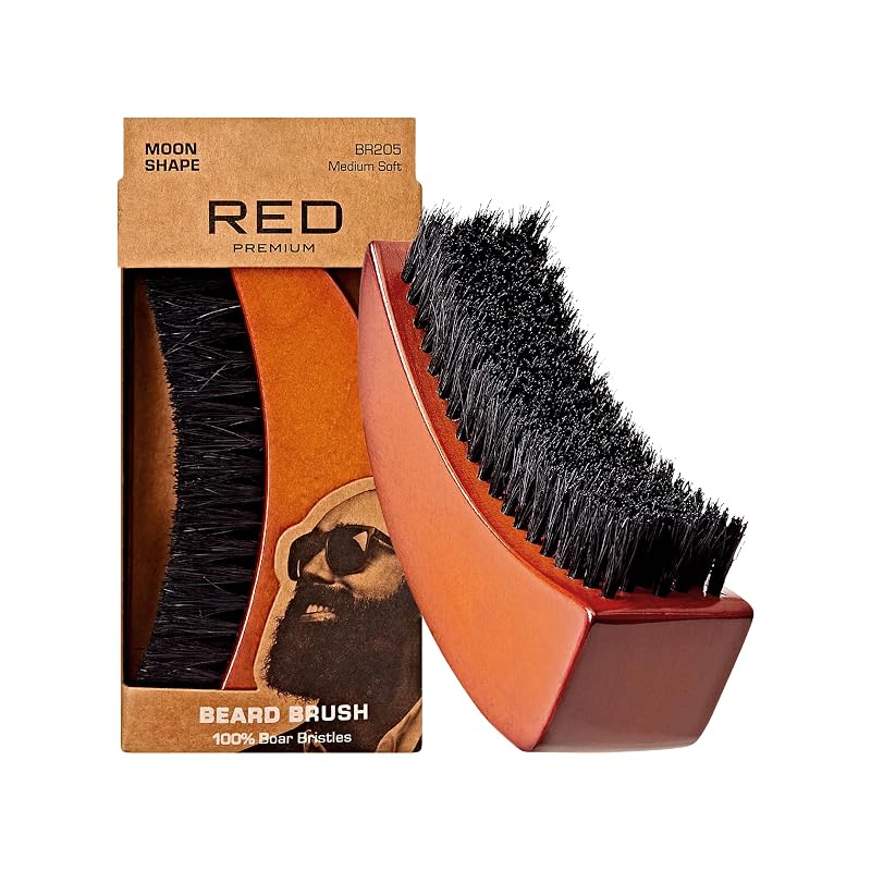 Escova para Barba Red by Kiss com Cerdas Naturais de Javali e Cabo de Madeira, Formato de Lua