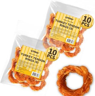 VITADAY All Natural Turkey Tendon Dog Treats Ring (S) 20 Pcs (2 Pk) | Long-lasting dog training treats, Rawhide-free made of USA-sourced turkey