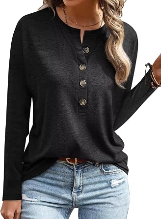 EADINVE Womens Crew Neck Long Sleeve Buttons Tops Fall Tshirts Tee Basic 2024 Blouse Loose Fit Henley Tops