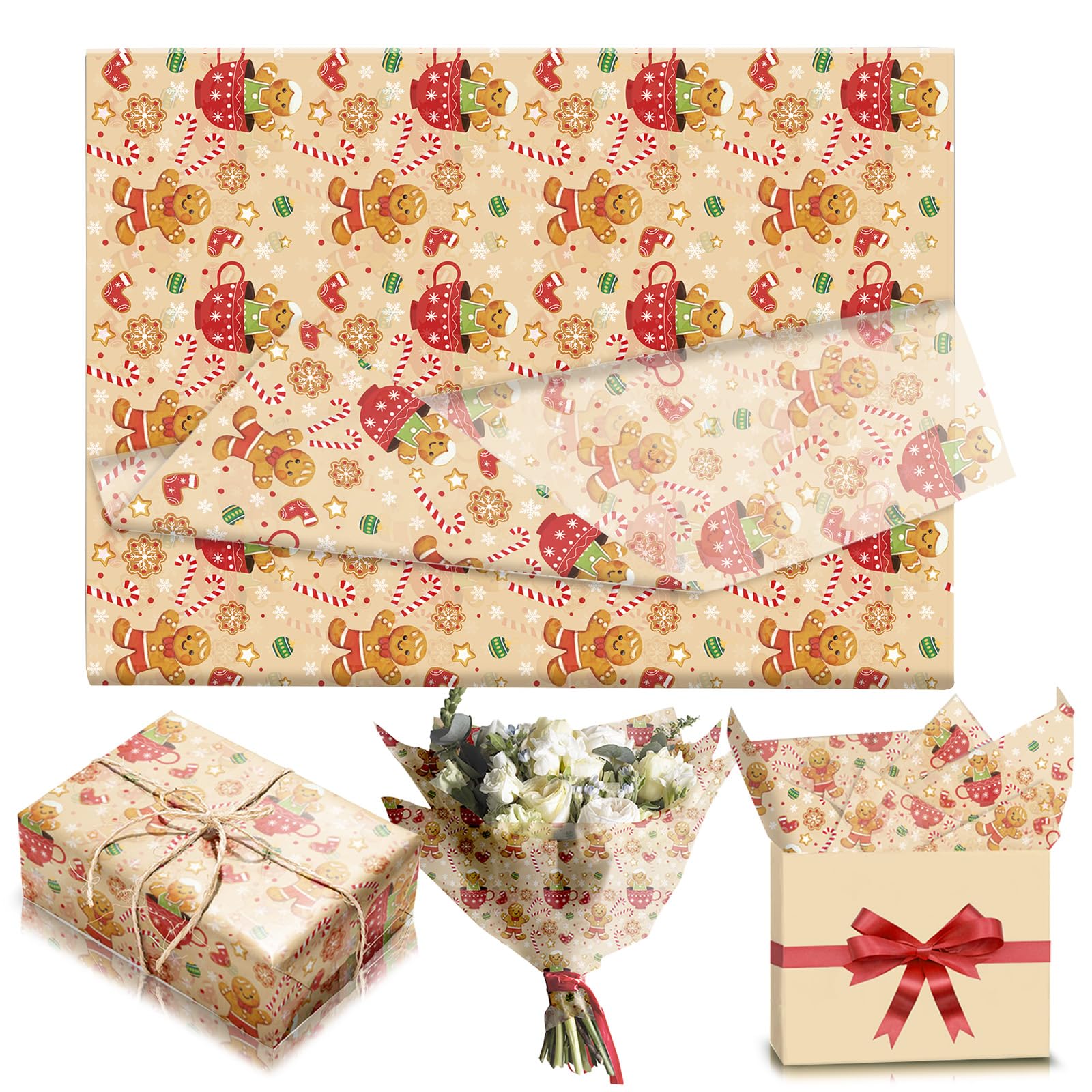 50 Sheets Chiristmas Gingerbread Man Tissue Paper for Wrapping Gifts,50x35cm Xmas Tissue Paper Sheets for Packaging Gift Bags,Gift Wrapping Paper for Crafts DIY Christmas New Year Decorations