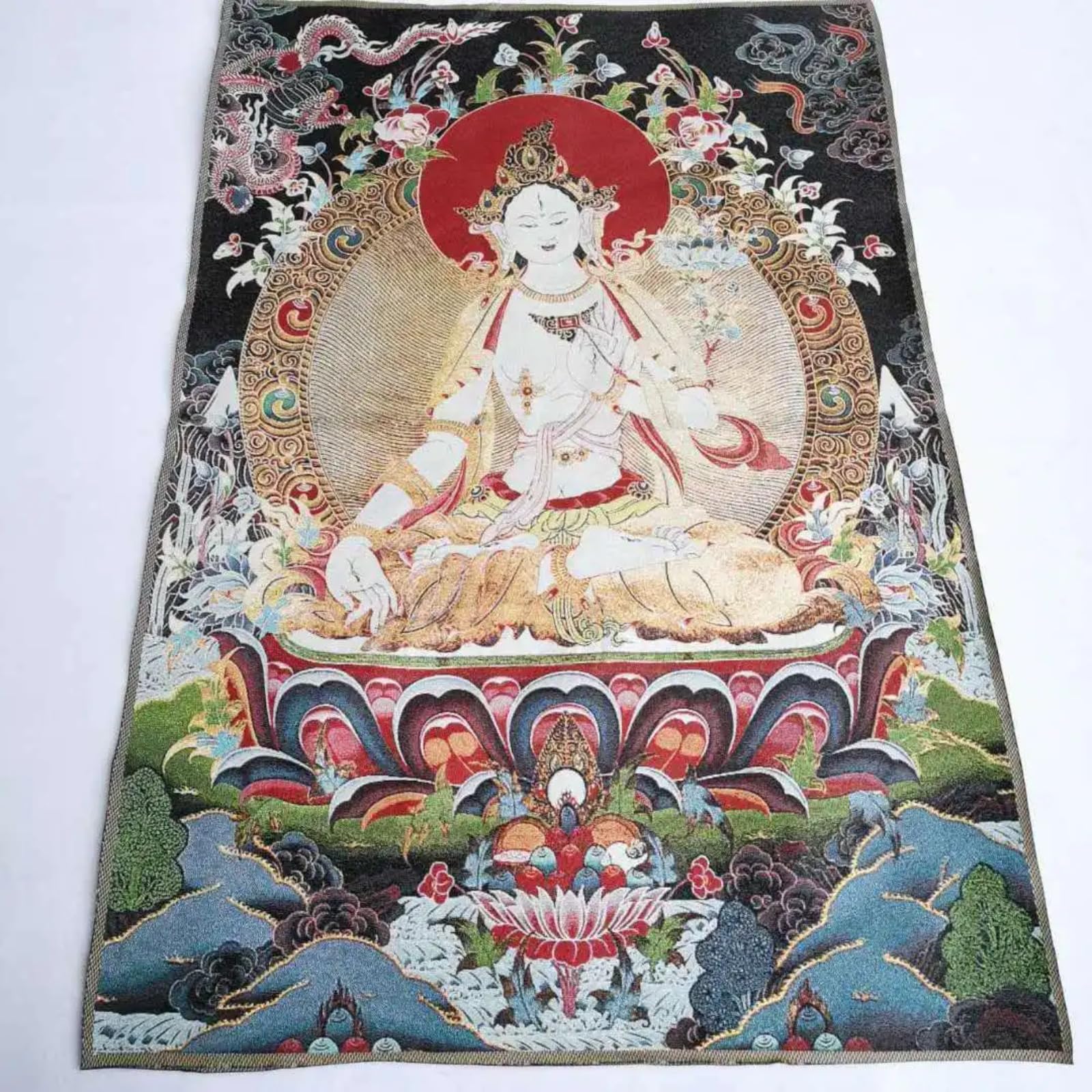 FENNYYAR Tela tibetana tibetana in seta bianca Tara, 90 cm, decorazione murale Guanyin Kwan-yin Tangka Thangka