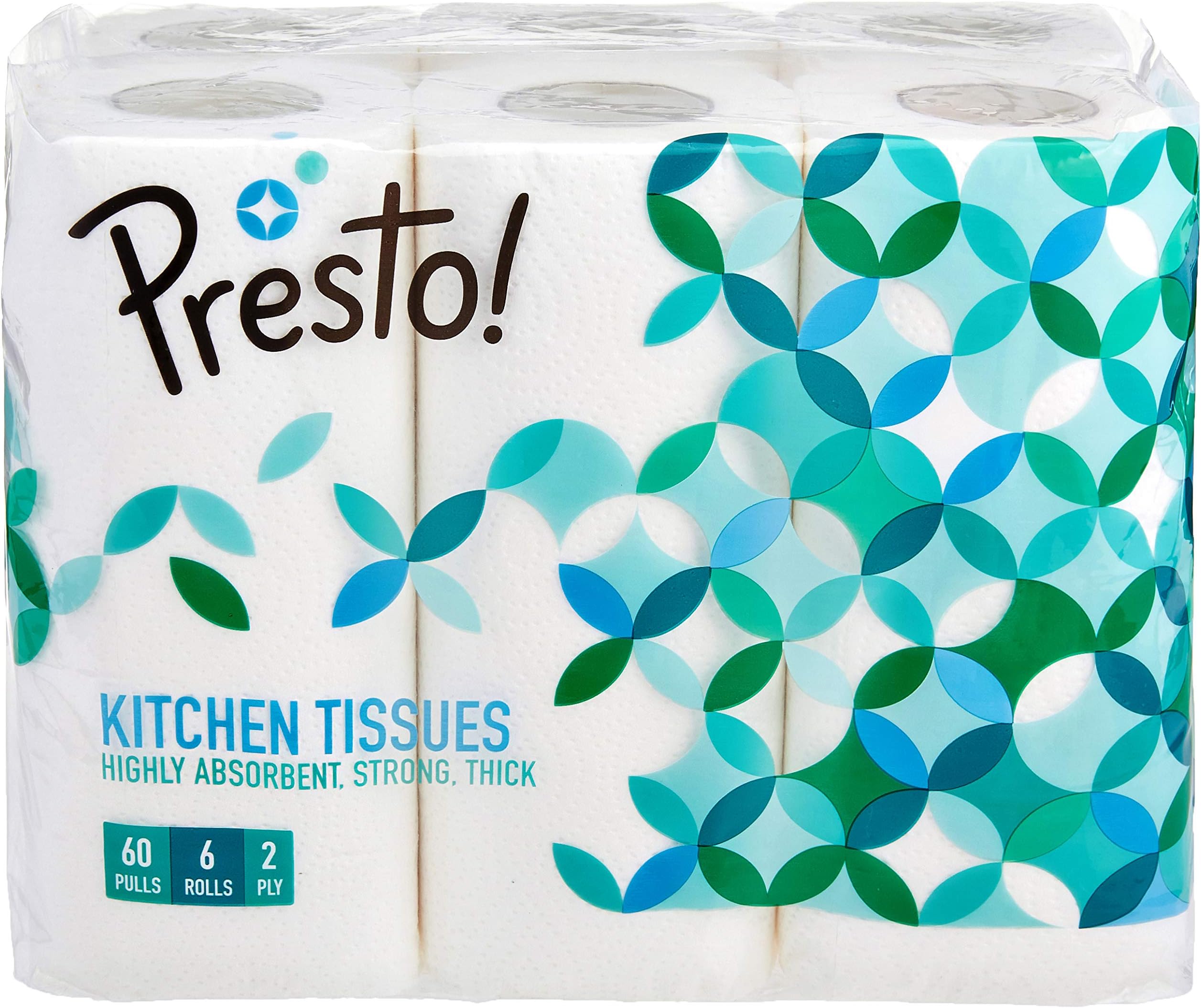 Amazon Brand - Presto! 2 Ply Kitchen Tissue Rolls | 360 Pulls | 60 Kitchen Towels X 6 Rolls | Soft And Highly Absorbent | 100% Natural Virgin Cellulose Fiber