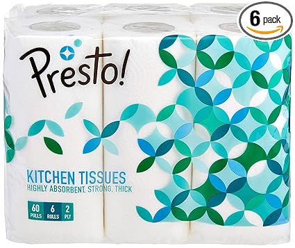 Amazon Brand - Presto! 2 Ply Kitchen Tissue/Towel Paper Roll - 6 Rolls (60 Pulls Per Roll)