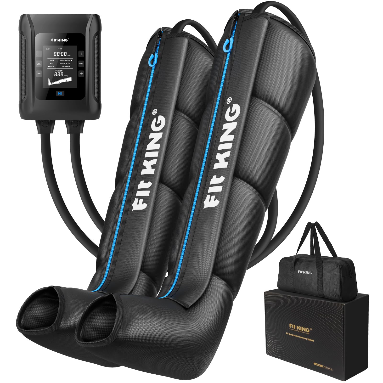 FIT KING Massaggiatore Gambe a Compressione d‘Aria Ricaricabile Senza Fili, Massaggio con 4 Zone Regolabili, 3 Modalità e 12 Intensità, Ideale per Recupero Sportivo e Relax Quotidiano (Medio)