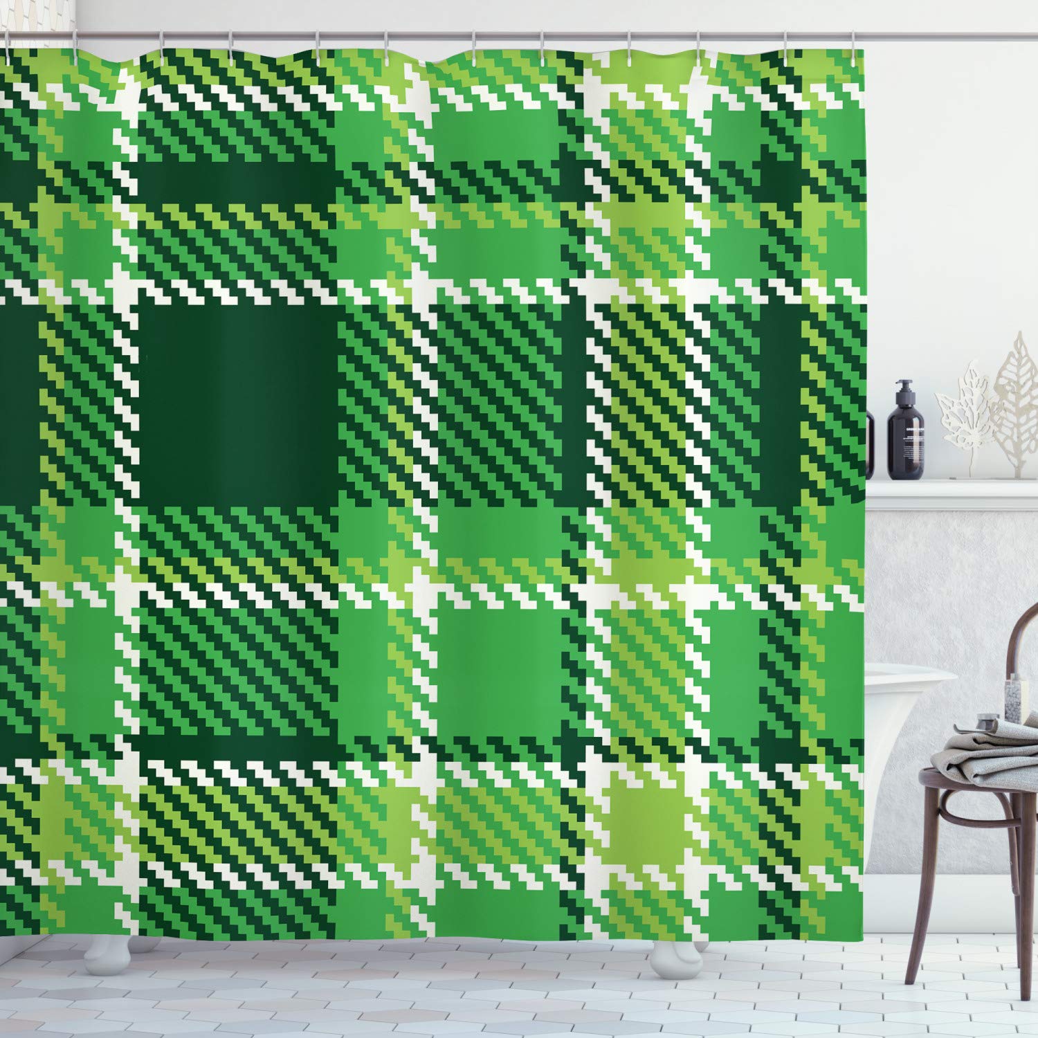 ABAKUHAUS Checkered Shower Curtain, Old Fashioned Irish British Tile Mosaic in Vibrant Green Colors, Cloth Fabric Bathroom Decor Set with Hooks, 70 Inches, Emerald Lime Green White — image 1