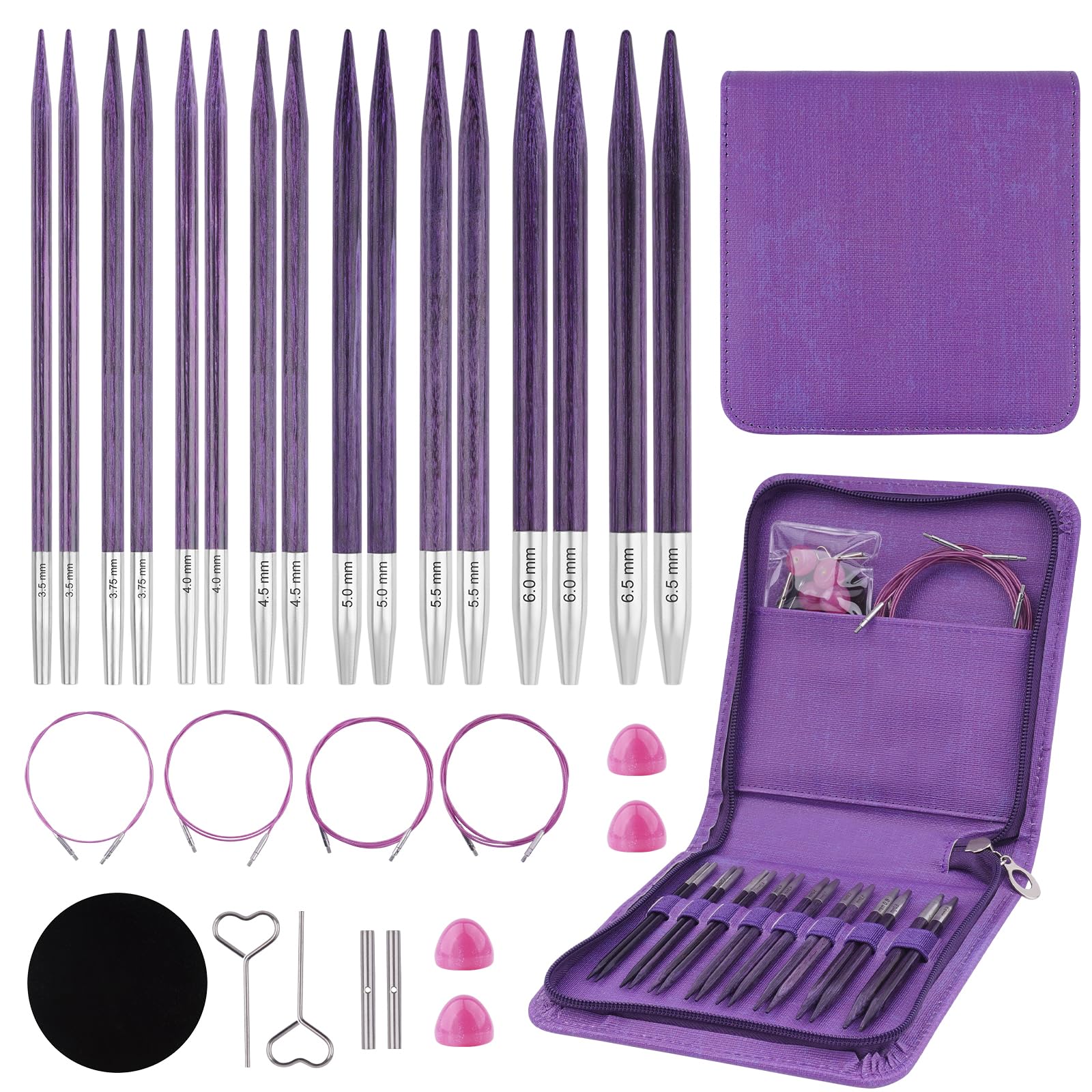 Hobekoee Austauschbares Rundstricknadel-Set | 8 Paar austauschbare Stricknadeln aus Birkenholz, 3,5 mm - 6,5 mm, mit Kabeln, Zubehör und Etui (lila)