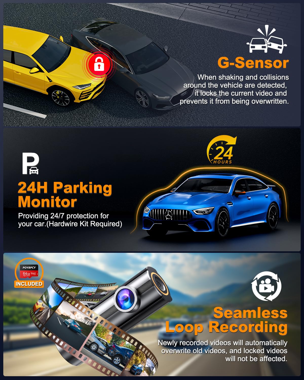 Dash Cam Auto, Doppia Dash Cam 4K+1080P con Filtro CPL, Dashcam con WiFi, Telecamera da Auto 170° Grandangolo,Scheda SD 64GB,G-Sensor,Monitoraggio Parcheggio 24H,Visione Notturna,Registrazione in Loop