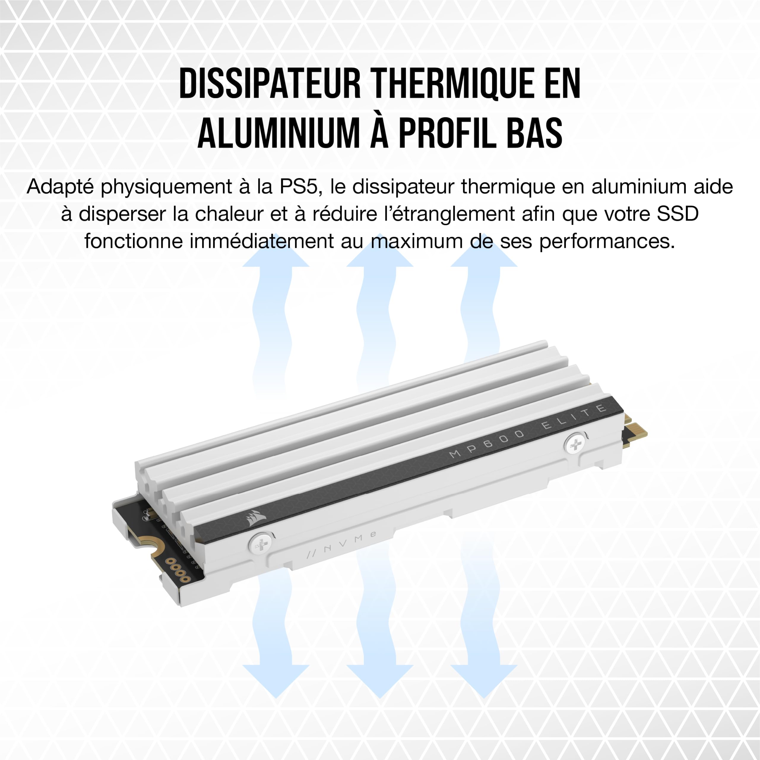 Corsair MP600 Elite 2 to M.2 PCIe Gen4 x4 NVMe SSD - Optimisé pour PS5 - Dissipateur Thermique Inclus - M.2 2280 - Lecture Séquentielle Jusqu'à 7 000 Mo/s - 3D TLC NAND Haute Densité - Blanc