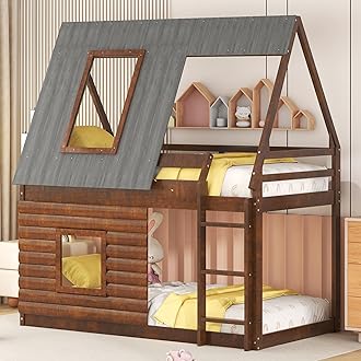 Bellemave Bunk Bed Twin Over Twin with Stairs, House Bunk Bed with roof for Kids, Teens, White+Brown