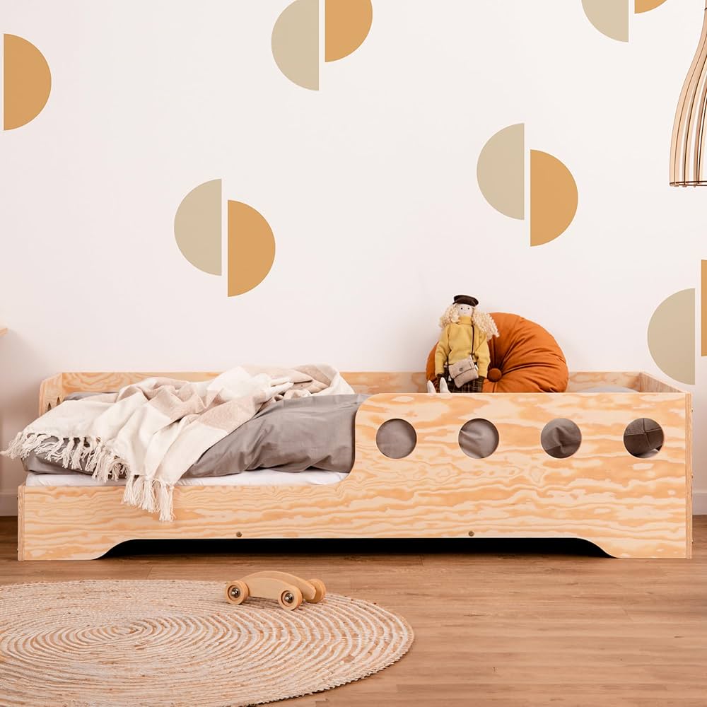 Lit Enfant 90x190cm Avec Barrières Puzzle BR2 - Bois Naturel Peint - Sommier à Lattes Inclus - Noir/Blanc/Gris