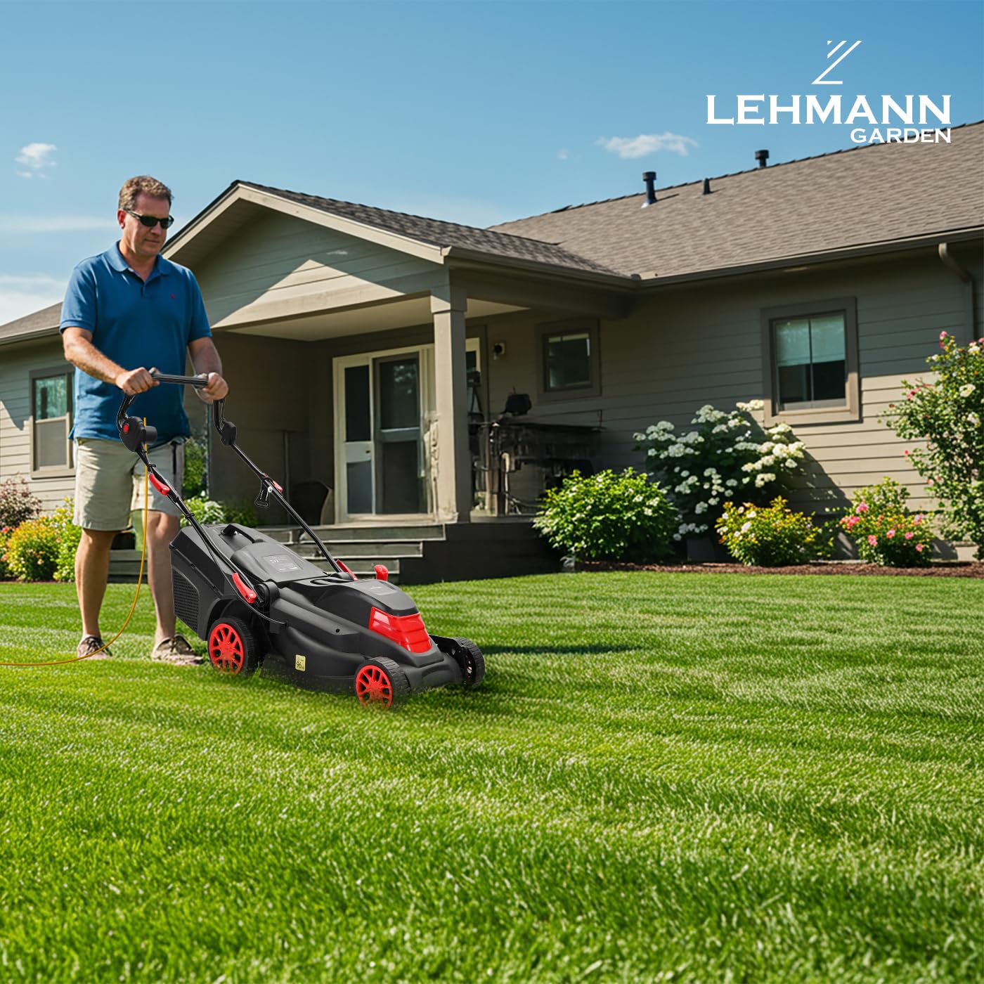 Lehmann Tondeuse à Gazon Électrique pour pelouses Jusqu’à 1000 m², 1600 W, Largeur de Coupe 38 cm, Bac de Ramassage 40 L, Réglage Hauteur de Coupe 5 Positions 25 à 75 mm, 3450 TR/Min