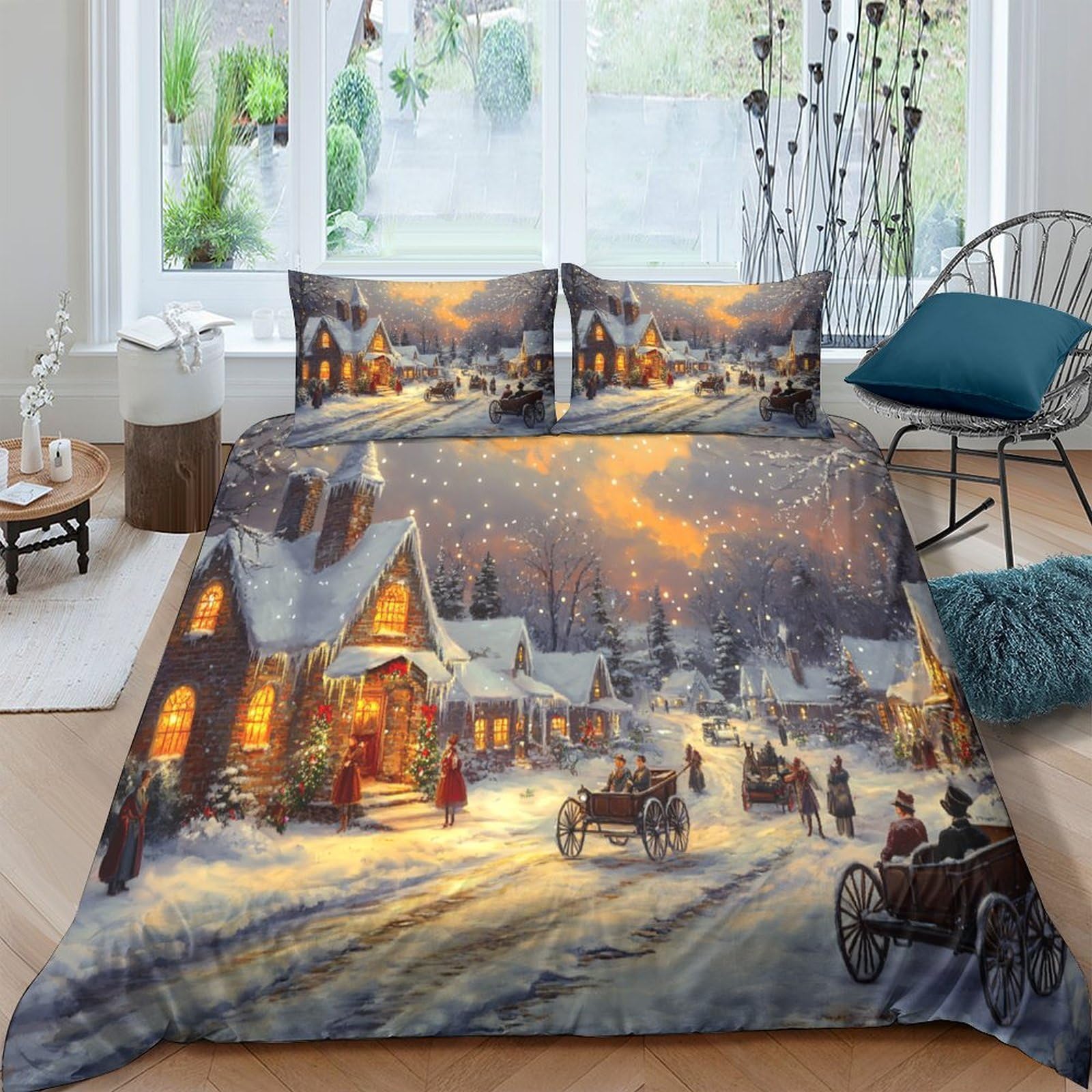 Ctjqhvkz Style-5 3D Printed Winter Village Fitted Sheet Microfiber Soft Cozy Christmas Night Bed Cover For Bedroom Guest Room Decor Single（135X200cm）