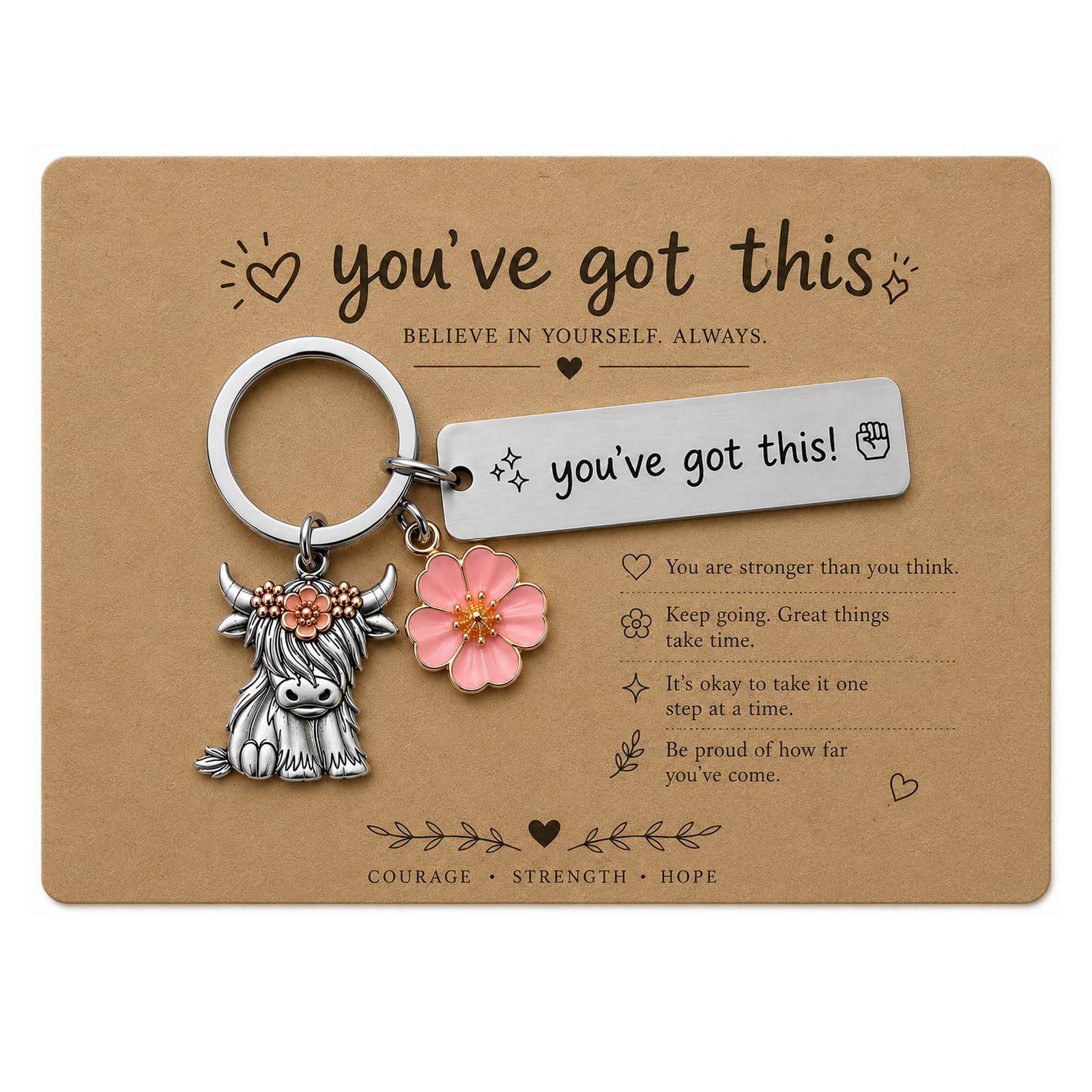 AIKOBAA Highland Cow Keyring – You’ve Got This Inspirational Gifts for Women, Birthday Gifts for Women, Friendship Gifts for Women, with Card