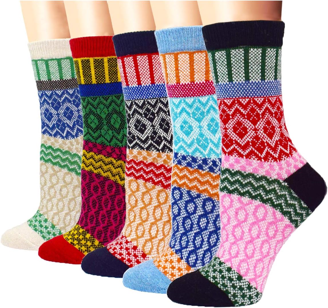 5Pack Womens Vintage Winter Soft Warm Thick Cold Knit Wool Crew Socks, Multicolor, free size