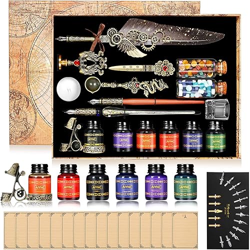 Miniatura 8 de Juego de tintas de pluma, con pluma, bolígrafo de inmersión de madera, bolígrafo de inmersión de vidrio, tinta de 6 botellas, 16 papel de cartas, 2