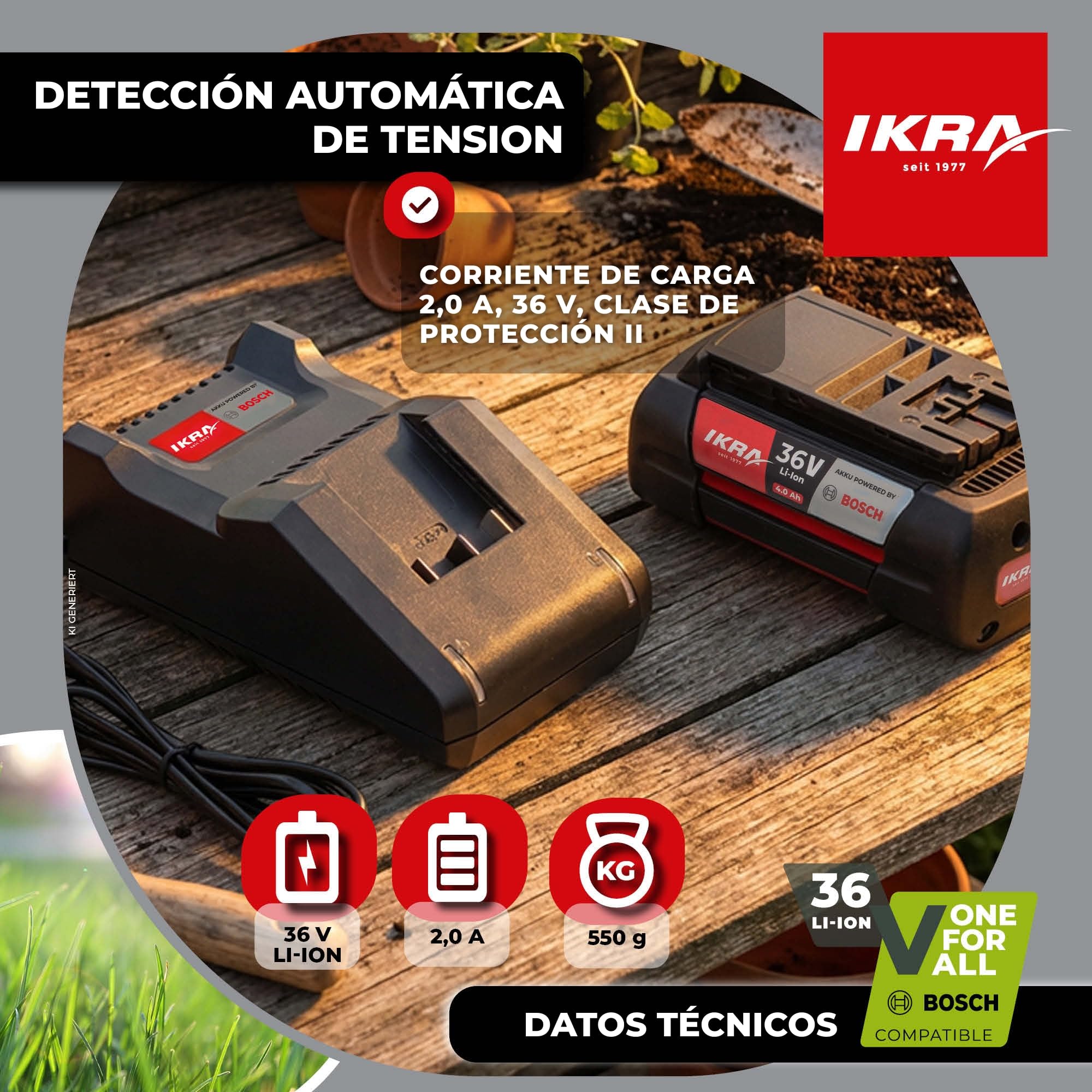 IKRA Cargador de batería 36V estación de Carga Tipo AL 36V-20 indicador LED | Compatible con los aparatos Bosch de 36V, protección integrada de las celdas contra el sobrecalentamiento y la sobrecarga